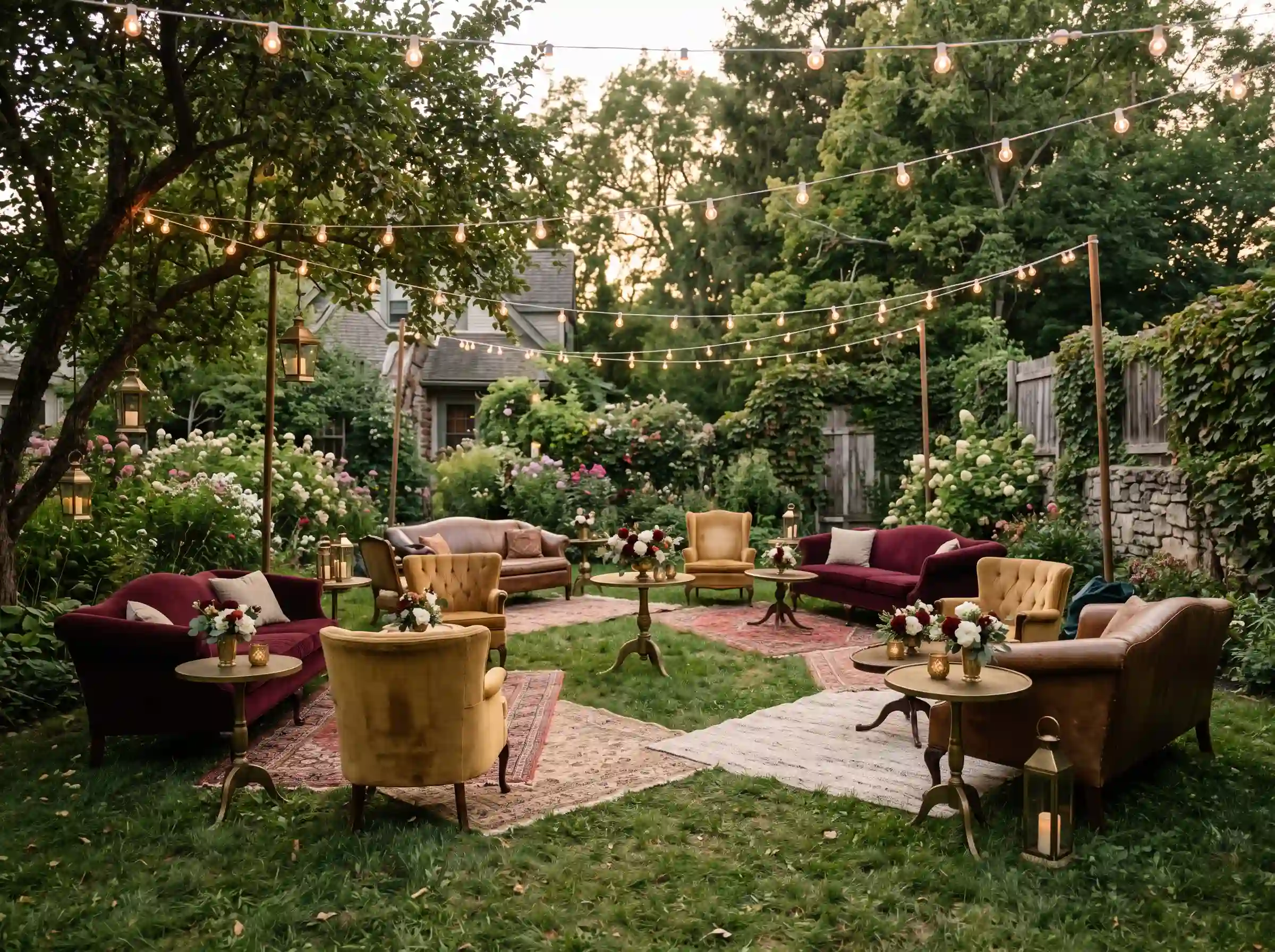 Vintage velvet sofas and antique armchairs with Persian rugs in an intimate outdoor courtyard reception