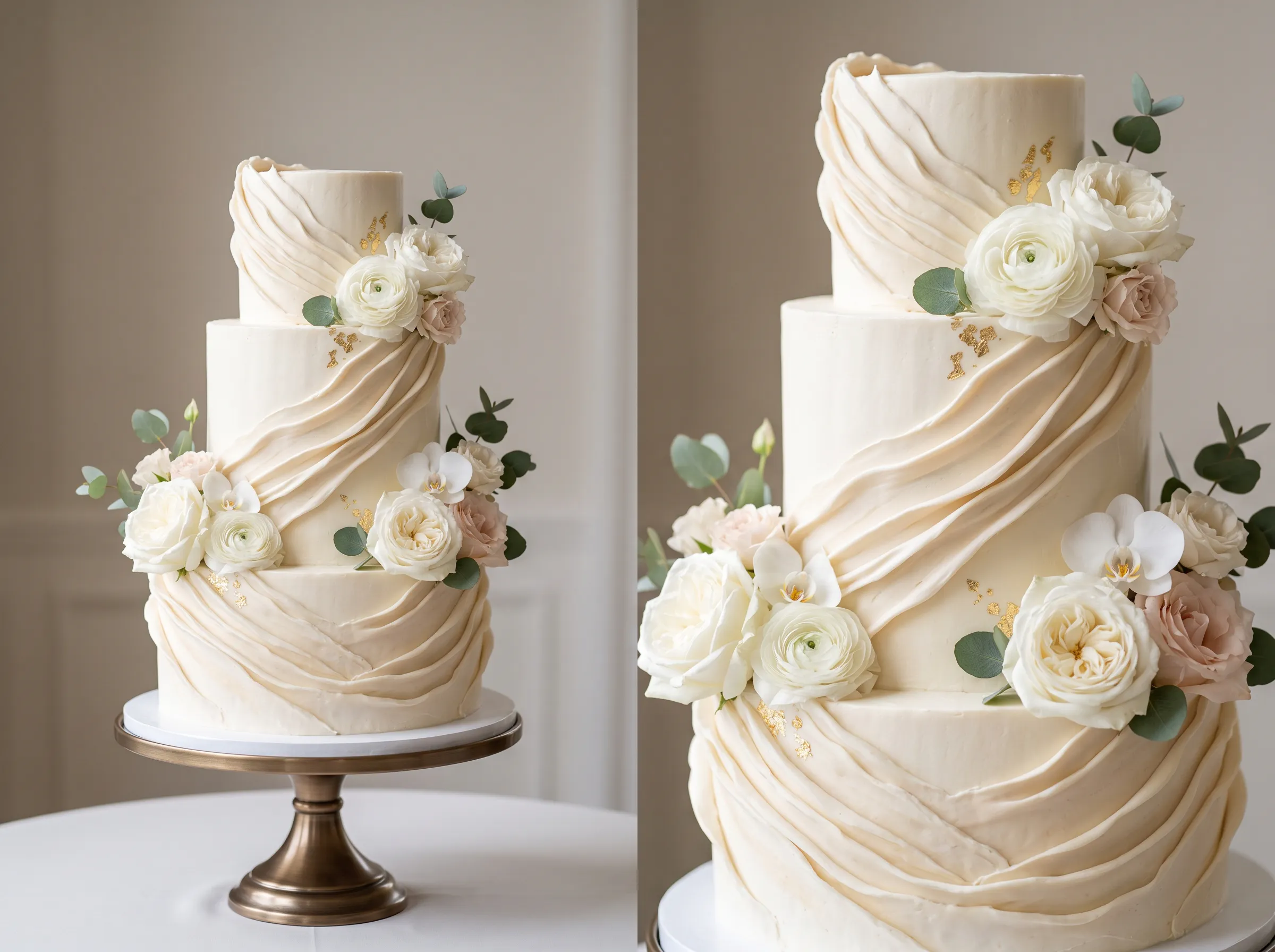 Understated textured wedding cake with delicate floral accents and soft organic garden-inspired finish