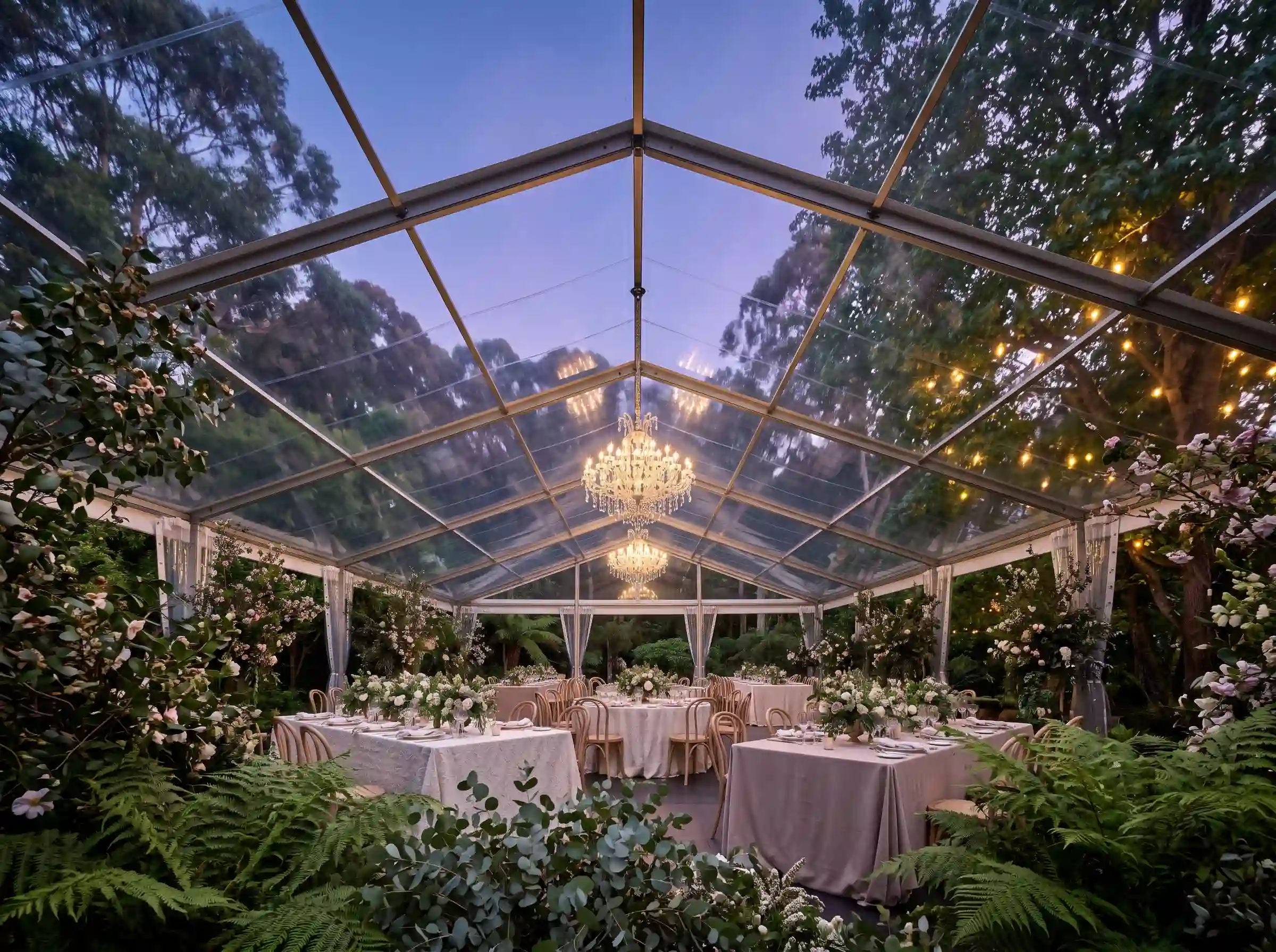 Woodland glasshouse wedding dinner with transparent walls surrounded by lush greenery and soft candlelight