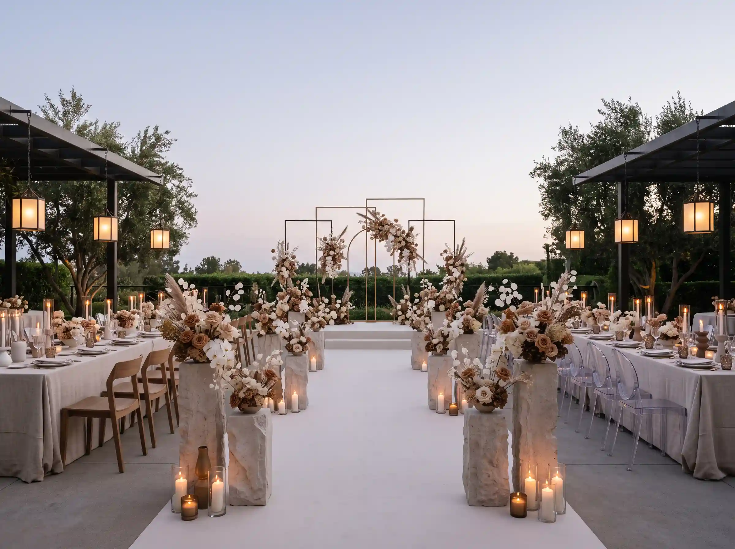 Modern outdoor wedding with mocha and champagne tones featuring stone pedestals and architectural backdrop