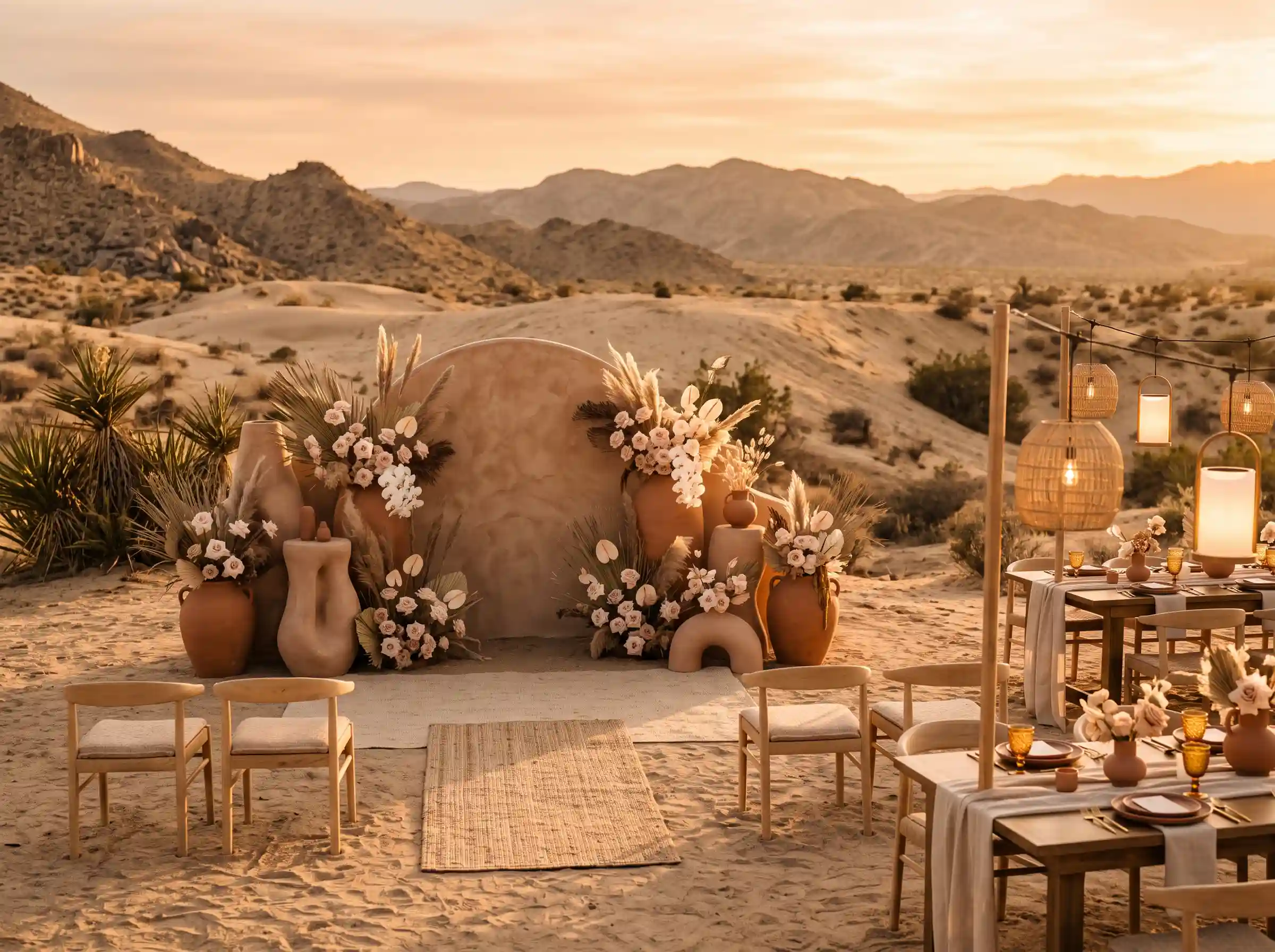 Desert wedding ceremony with clay-colored arch and terracotta pottery among sandy desert mountains
