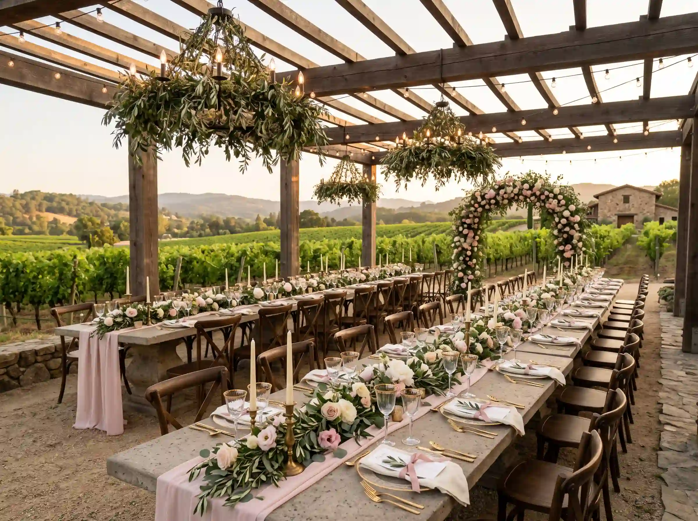 Romantic vineyard wedding reception under wooden pergola with blush pink and olive green decor
