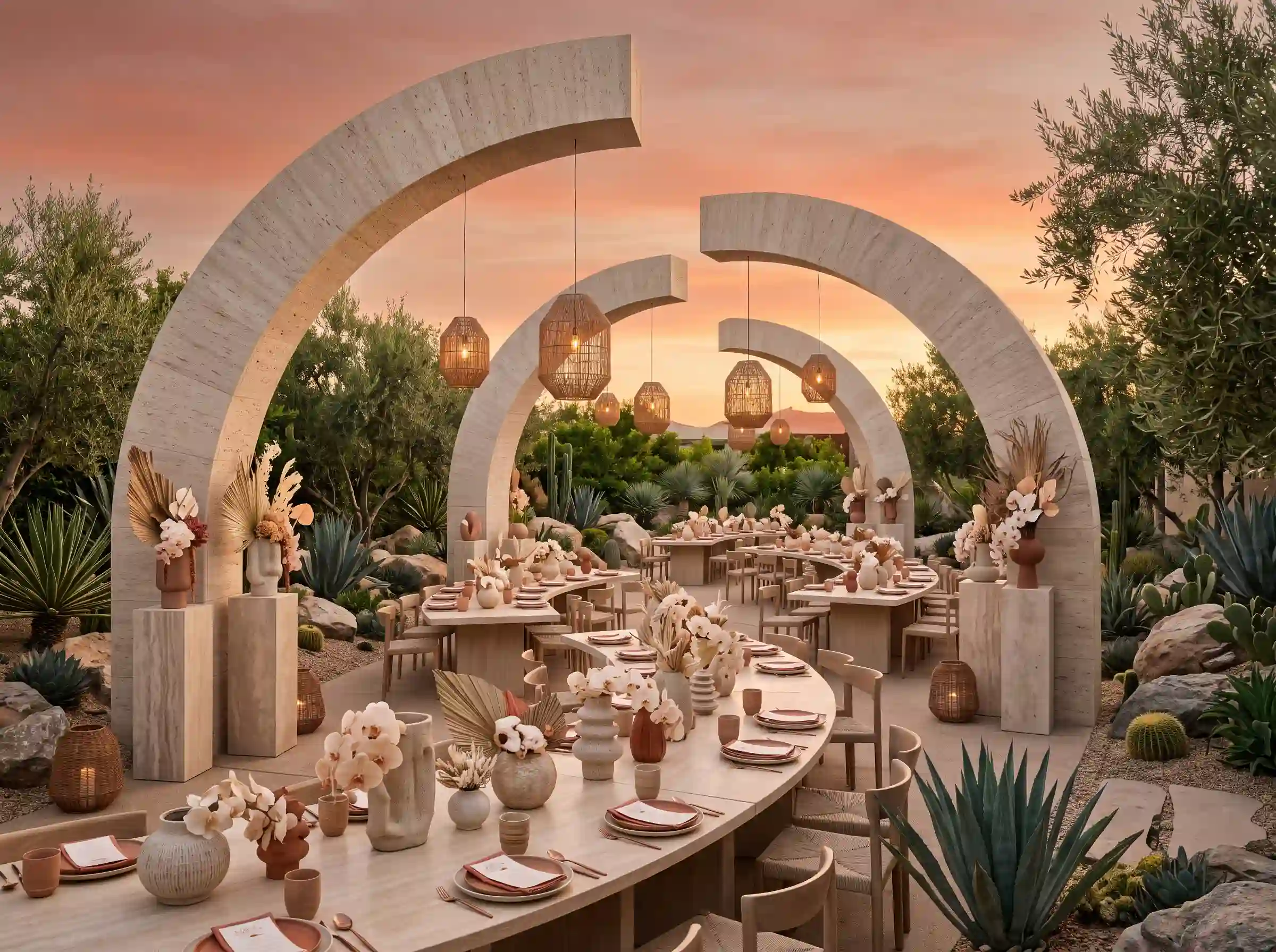 Desert sunset oasis wedding reception with sculptural cacti and warm terracotta tones at golden hour