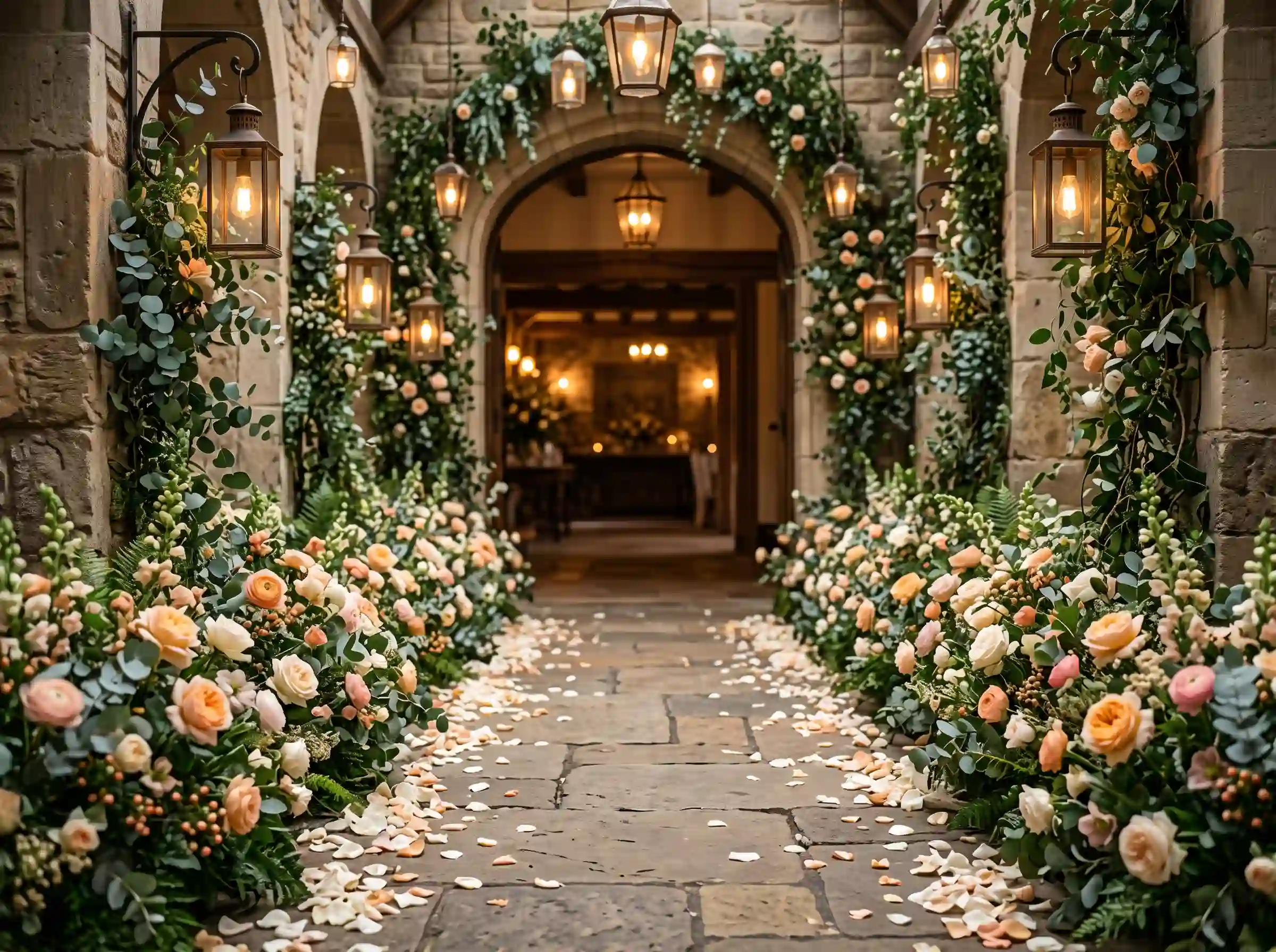 Stone archway wedding entrance lined with lush roses eucalyptus and wrought iron lanterns