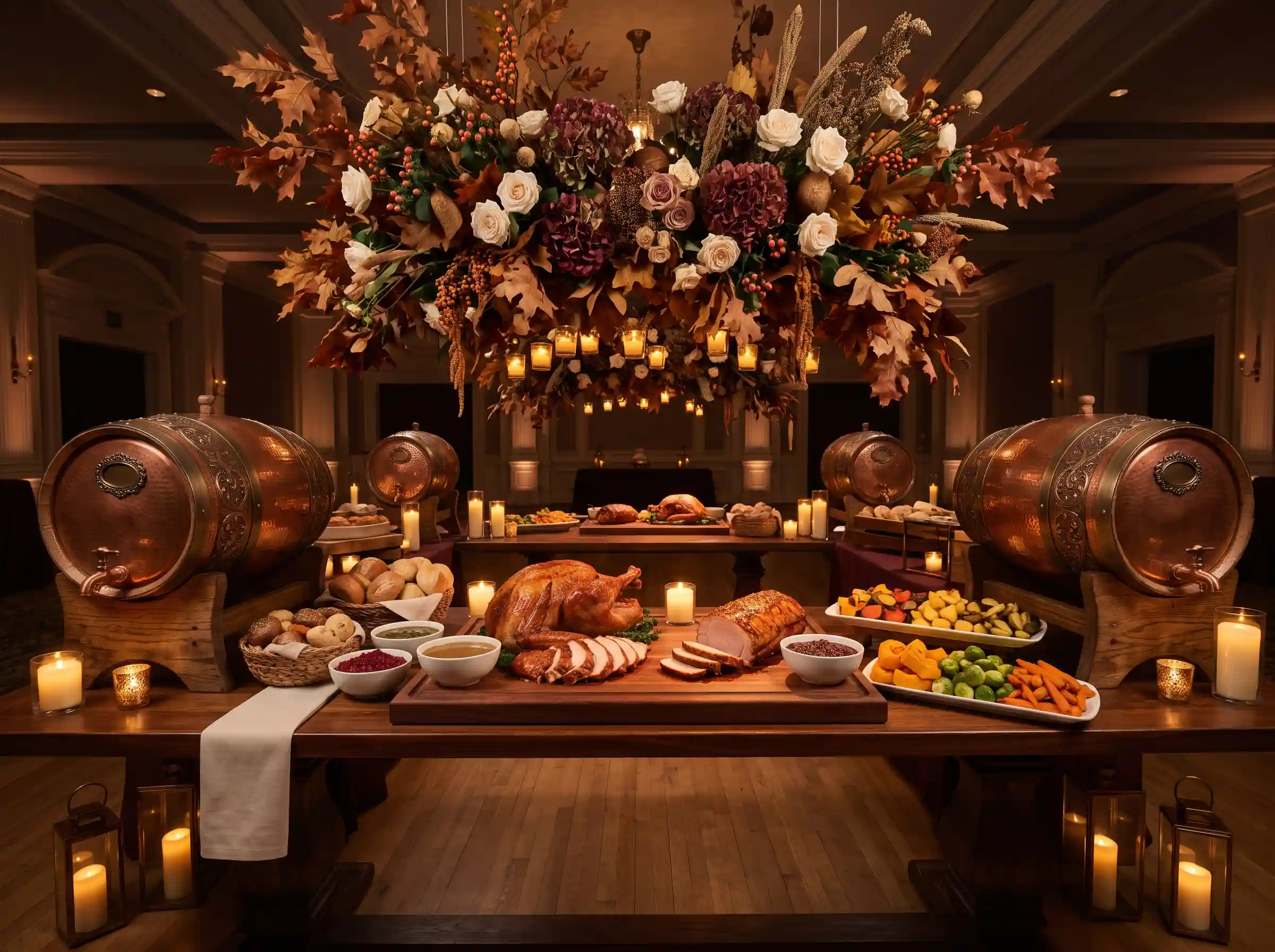 Elegant fall wedding carving station with roasted turkey and copper cider barrels in candlelit ballroom