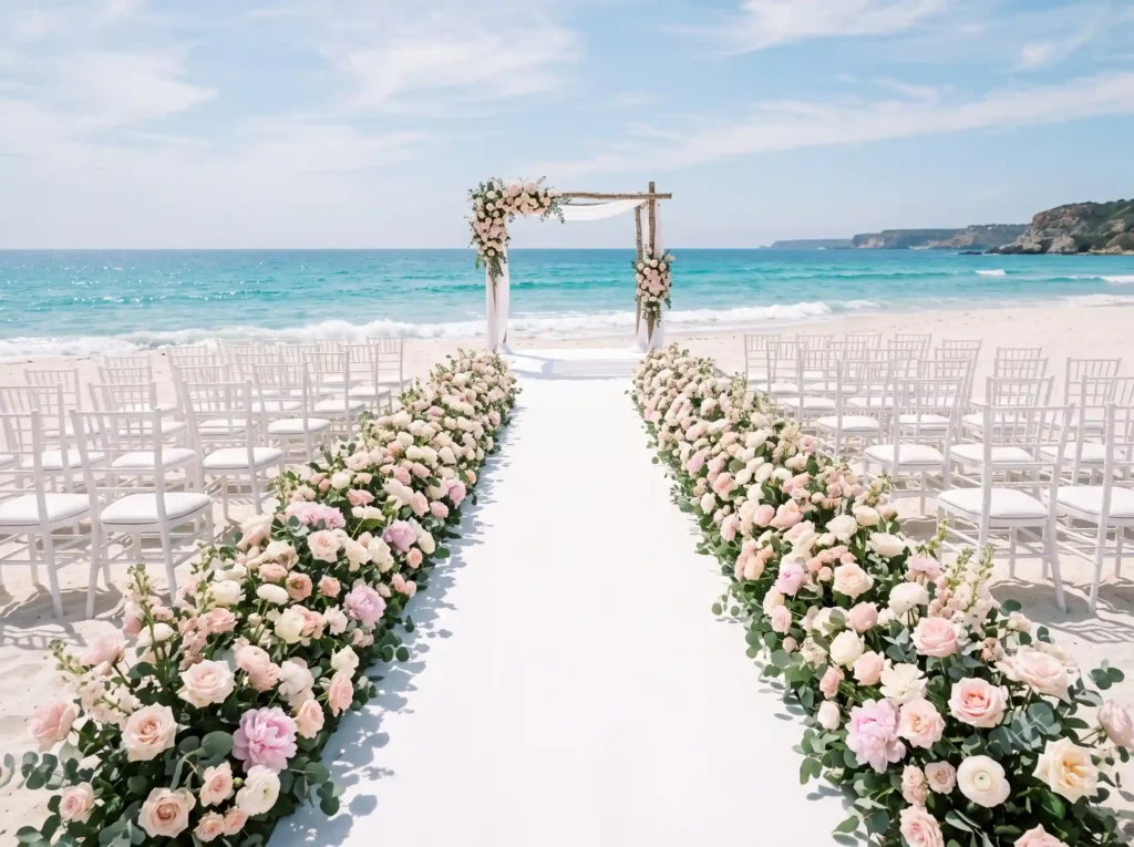 Blush Shoreline Romance Inspiration Gentle paste Blush floral meadows beach ceremony