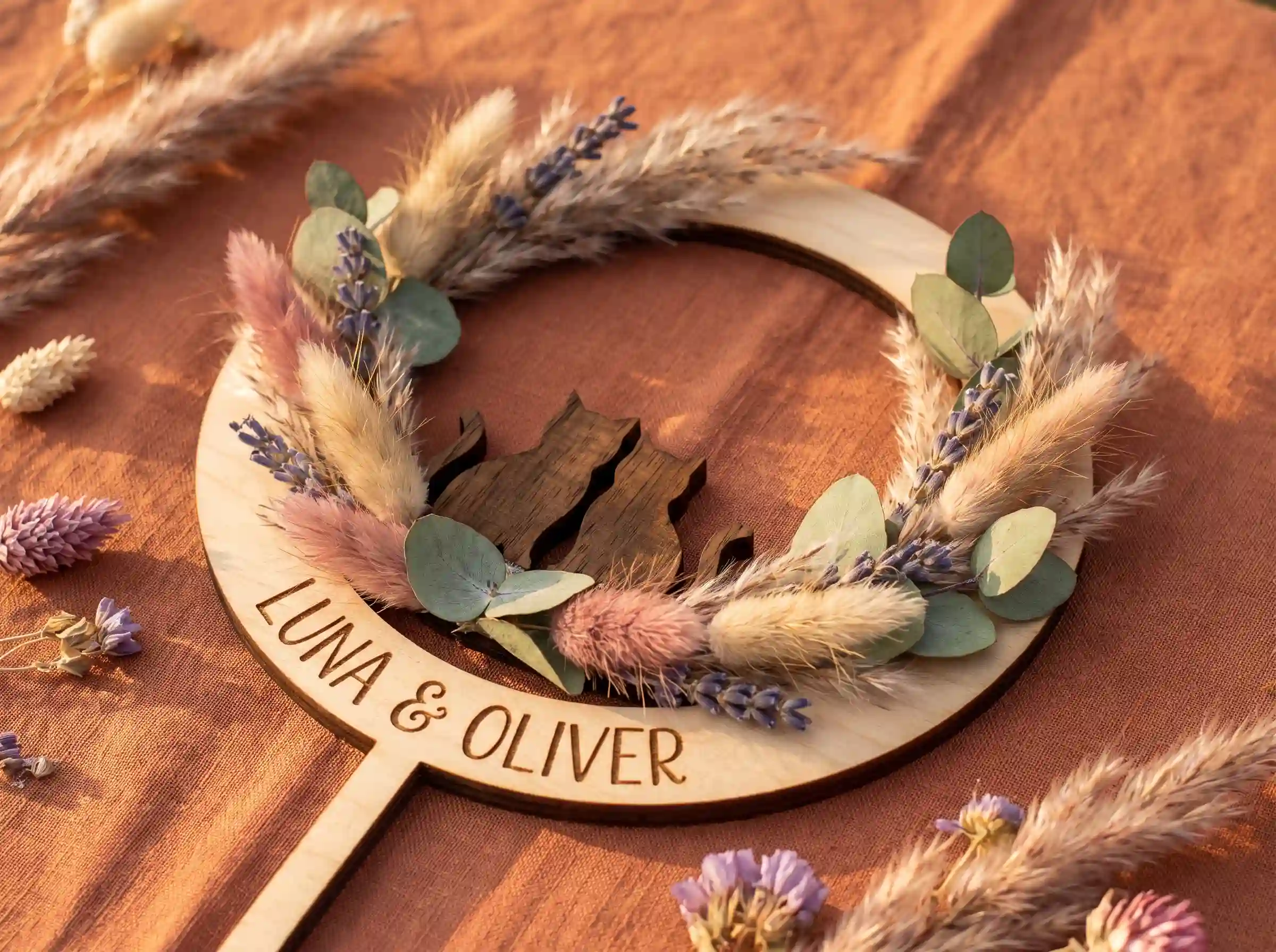 Bohemian dried floral wreath cat wedding cake topper with pampas grass and lavender accents