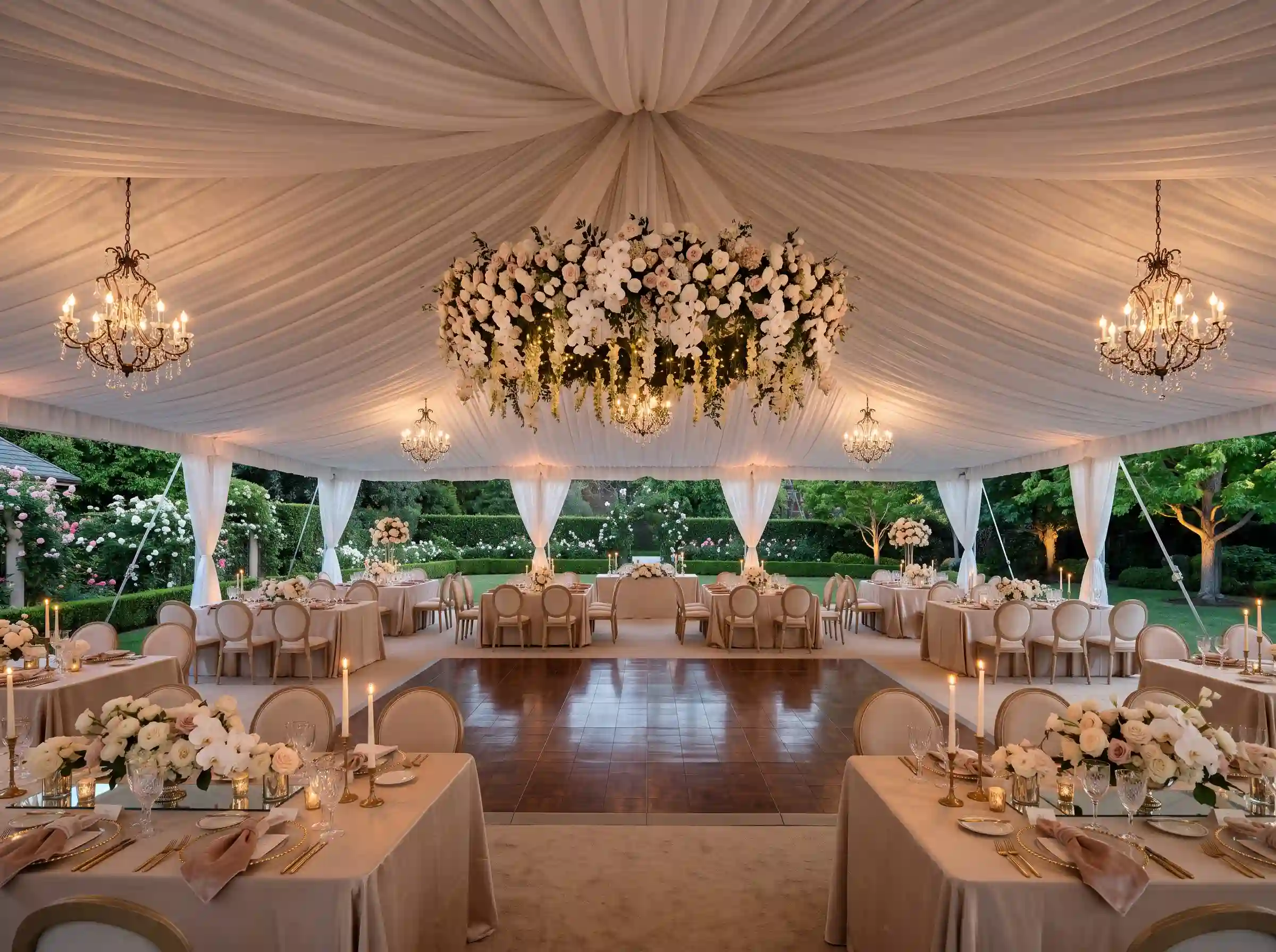 Champagne draped ballroom garden tent with floral chandelier and formal table settings in blush and gold