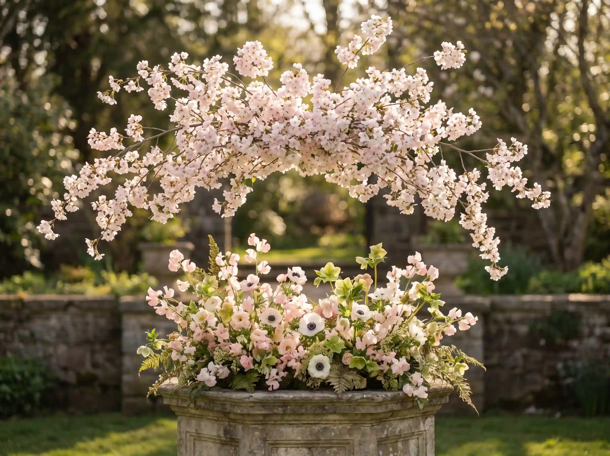 Cherry blossom cloud wedding floral installation with blush sweet peas white anemones and afternoon light