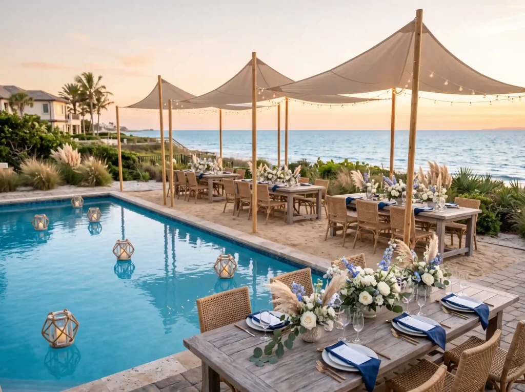 Coastal Blue Celebration Inspiration Breezy coas Coastal blue backyard reception K