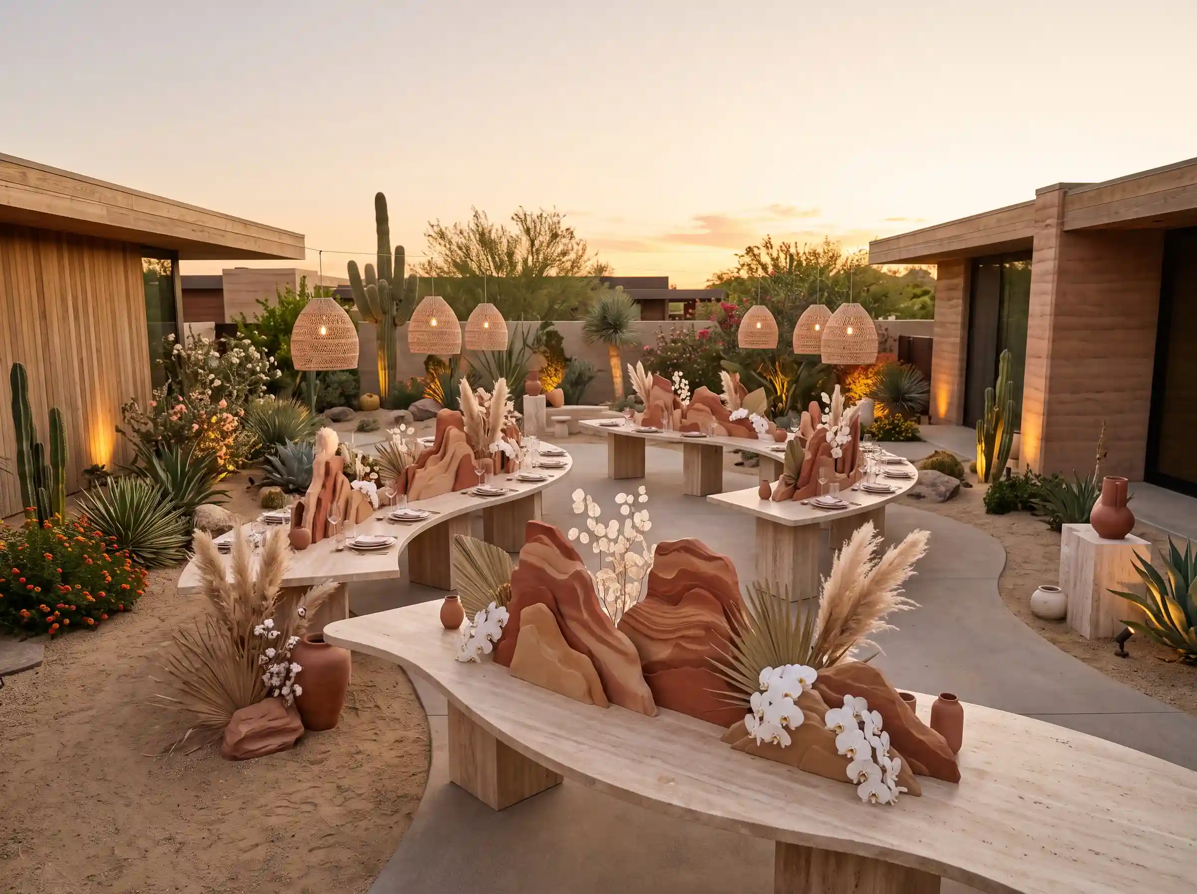 Desert luxe backyard wedding escape with warm textiles draped canopy and golden accent decor pieces