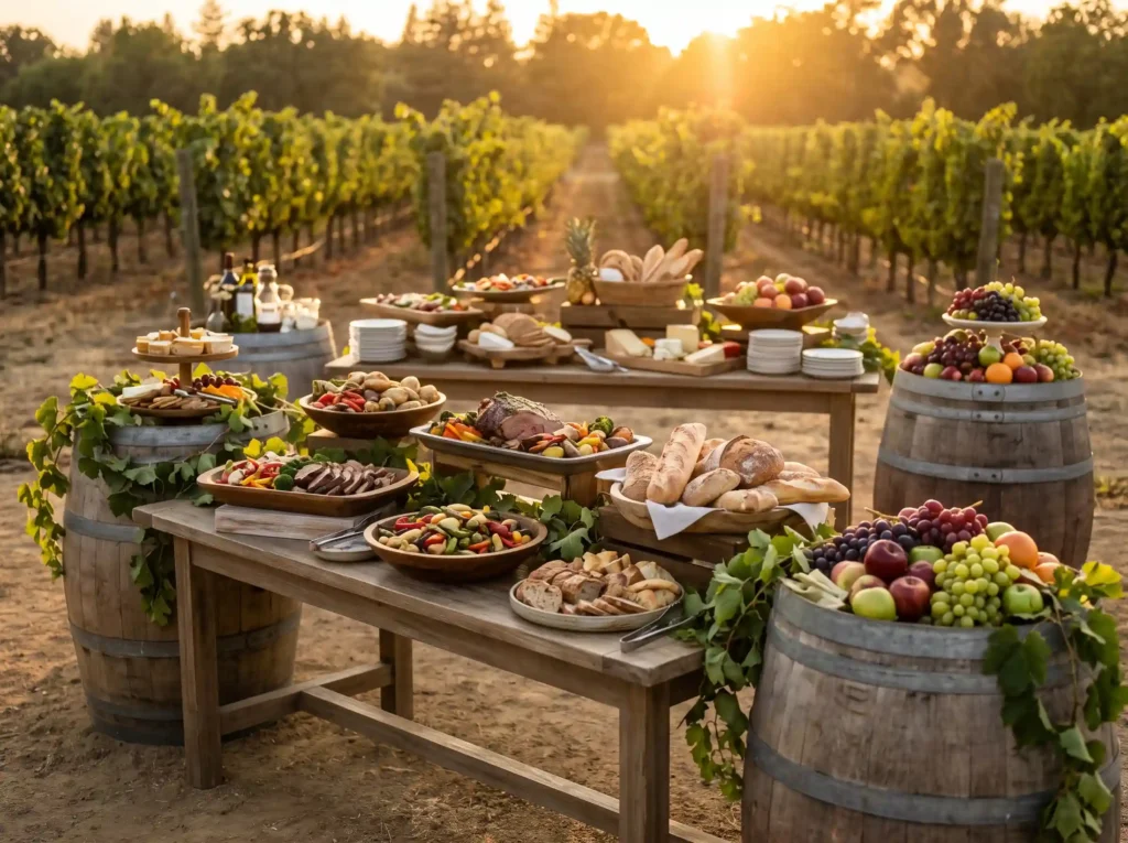 Farm to Table Vineyard Buffet Inspiration Inspir Vineyard buffet with wine barrels