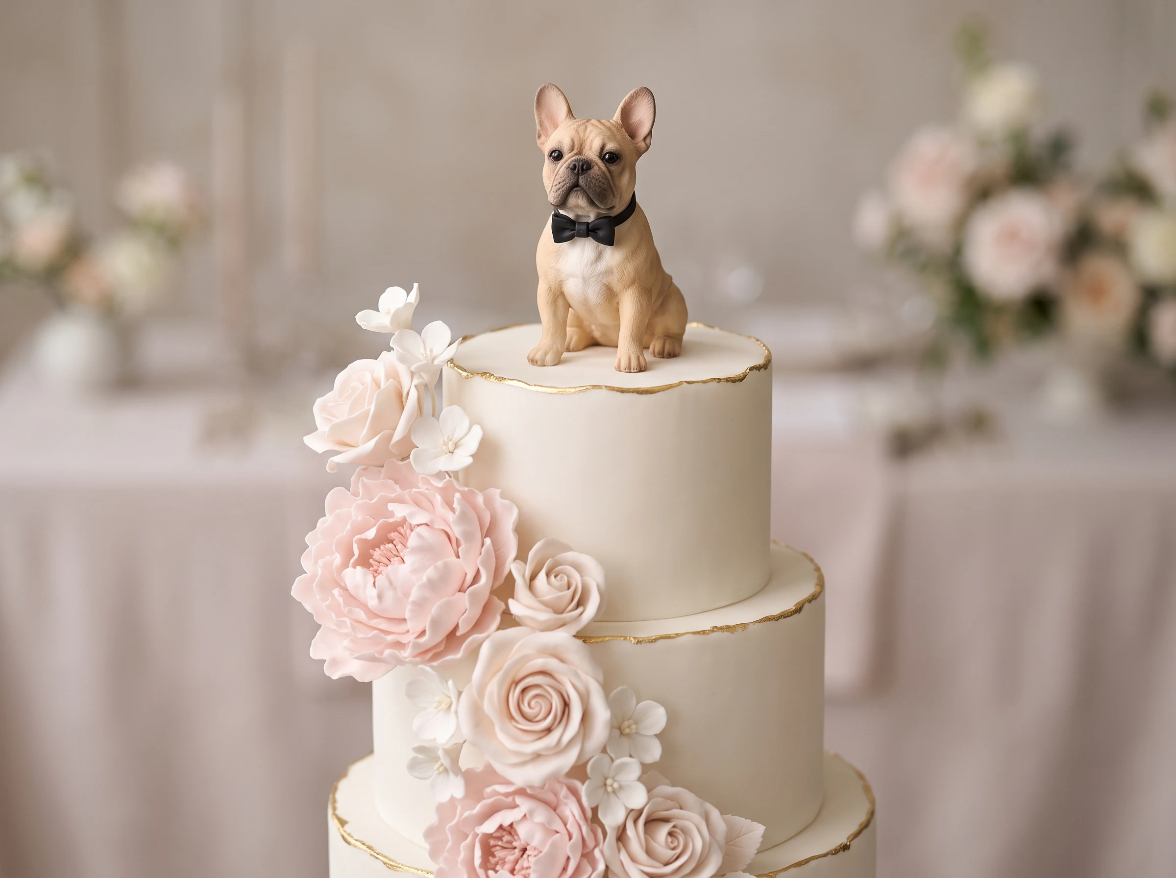 Chic Parisian wedding cake with French bulldog topper surrounded by blooming sugar flowers