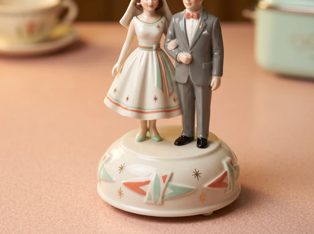Mid Century Sweetheart Charm Inspiration Celebra Mid century topper bride groom K