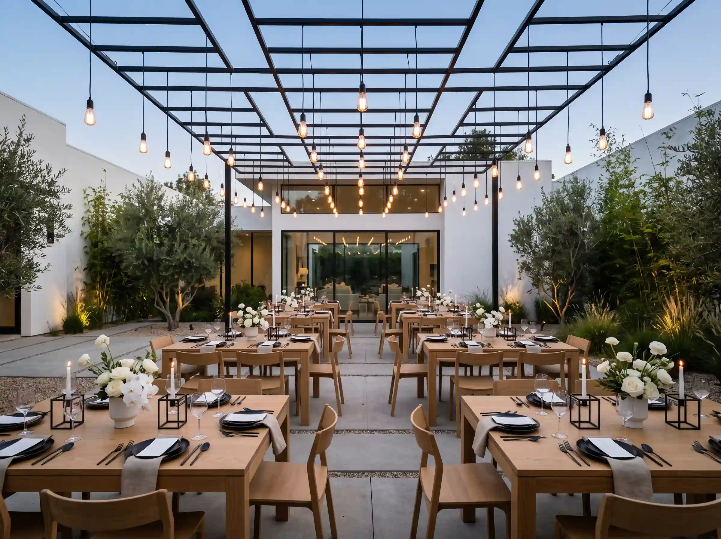 Modern minimalist courtyard reception with geometric Edison bulb grid and symmetrical square tables