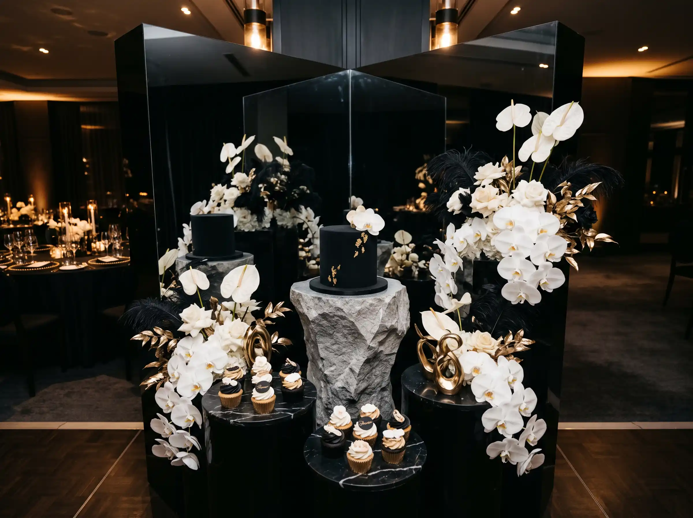 Dramatic black-tie wedding dessert display with dark elegant small cake and cupcakes