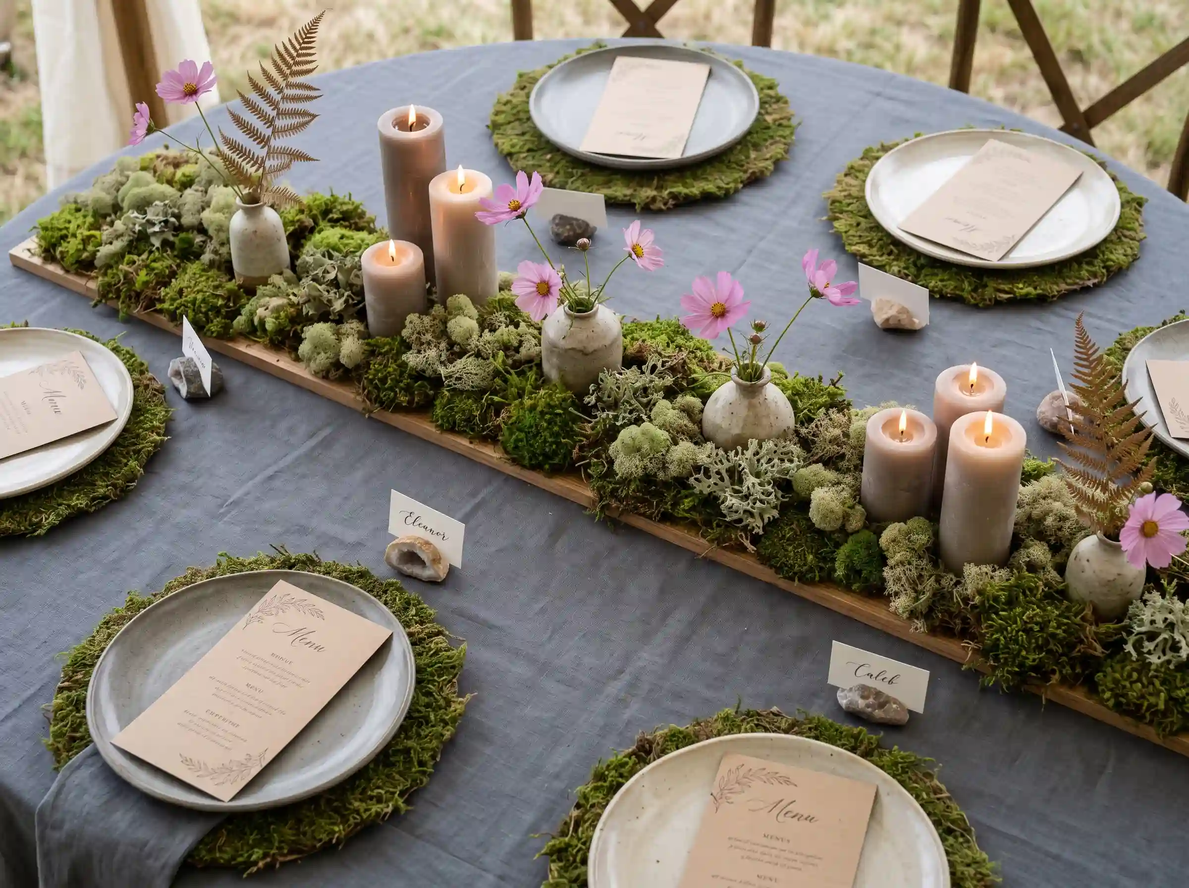 Round table with stoneware chargers and woven moss placemats featuring a living moss and lichen centerpiece runner