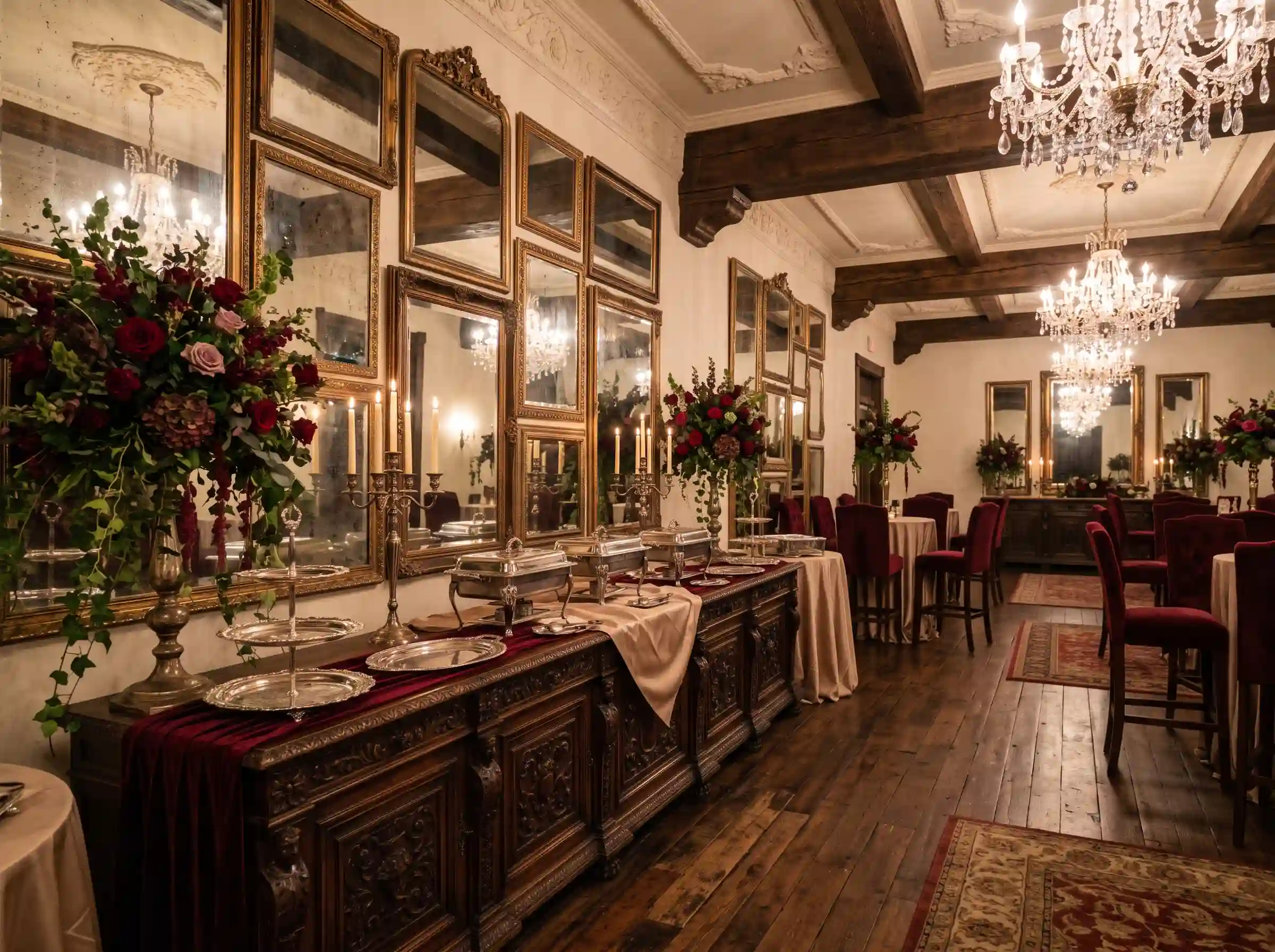 Old-world château wedding food display with carved wood sideboard, silver platters, red roses, and antique gilded mirrors