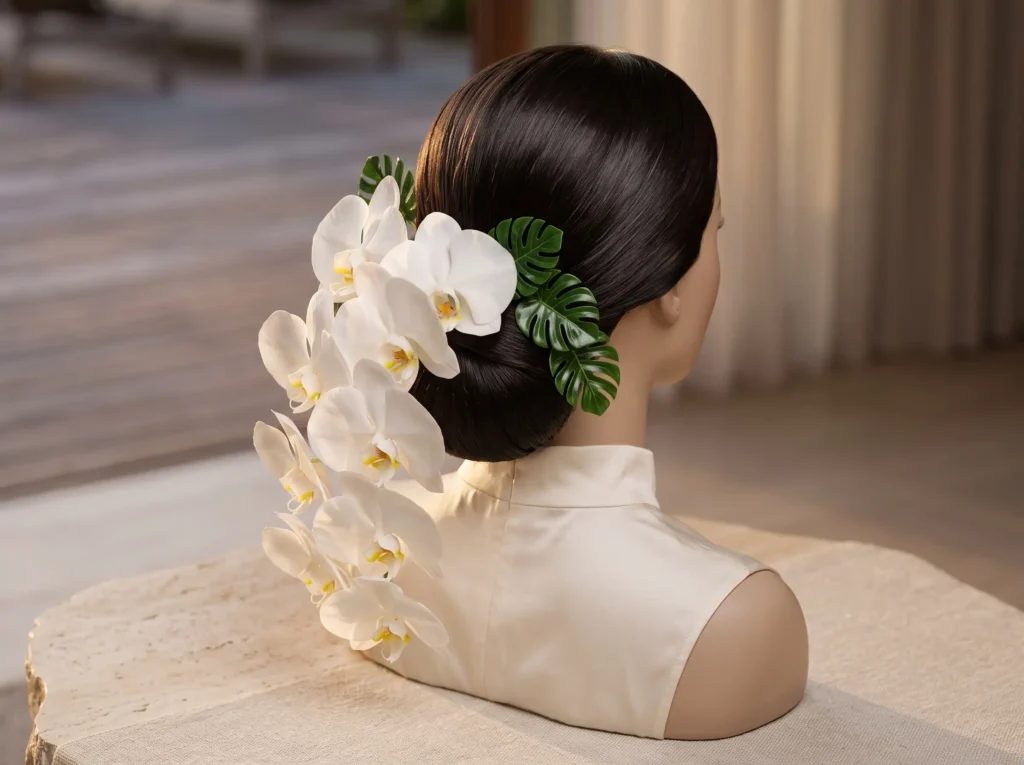 Orchid Luxe Sweep Inspiration Modern glamour is Bridal bun with orchids foliage