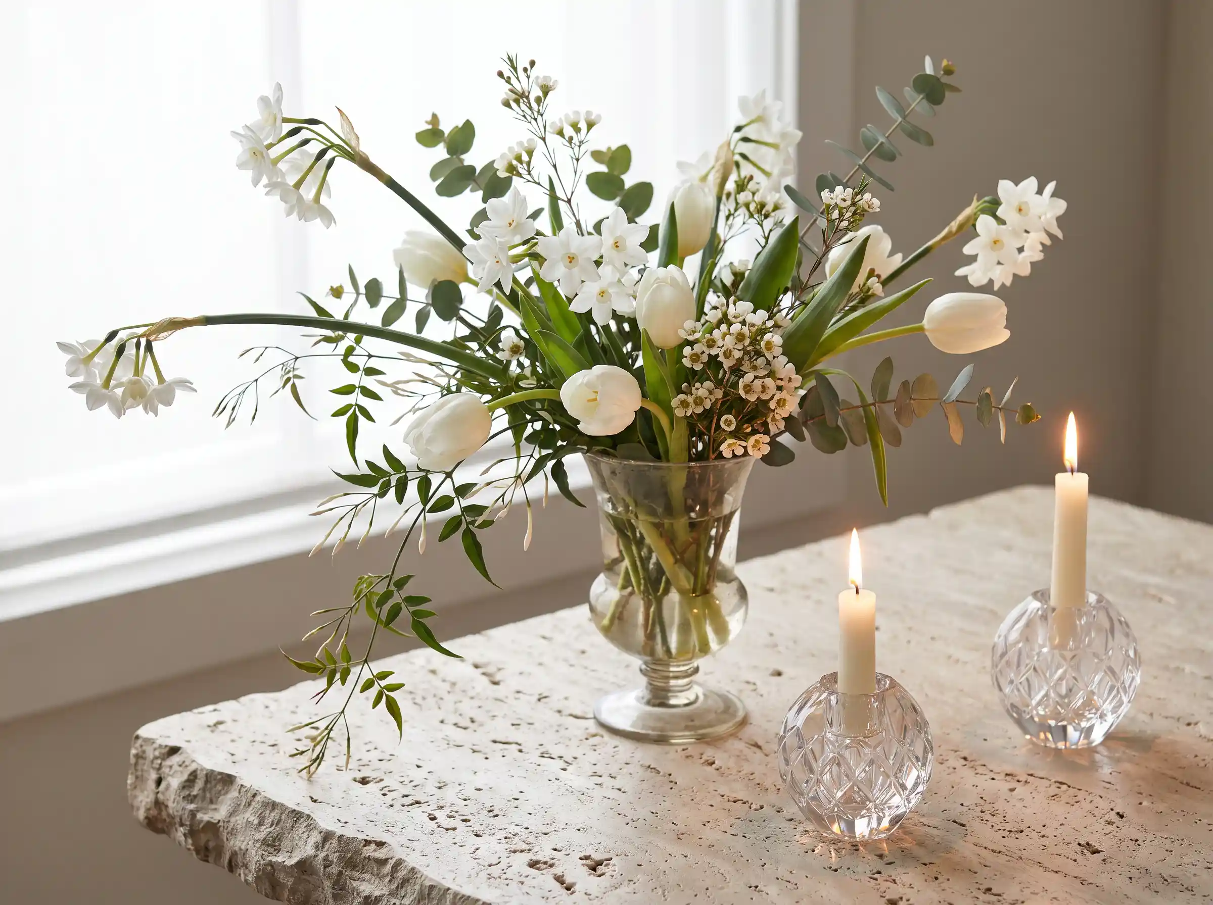 Fragrant paperwhite narcissus winter wedding bouquet with white tulips and jasmine vine