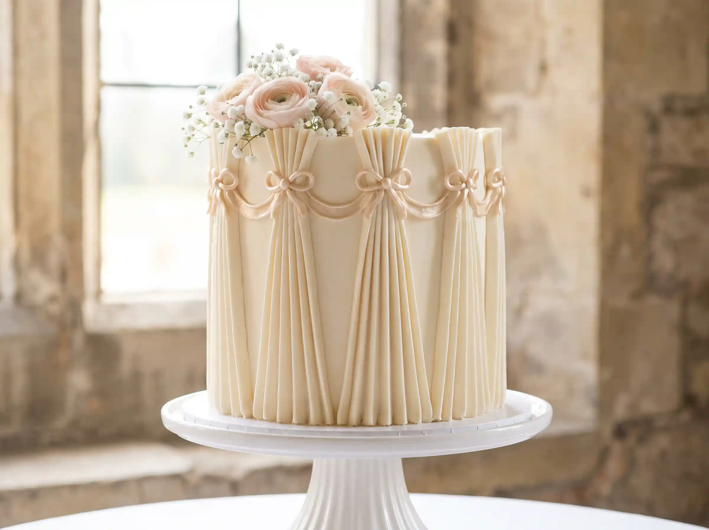 Tall ivory wedding cake with sharp fondant pleats, piped bows, and blush ranunculus on top