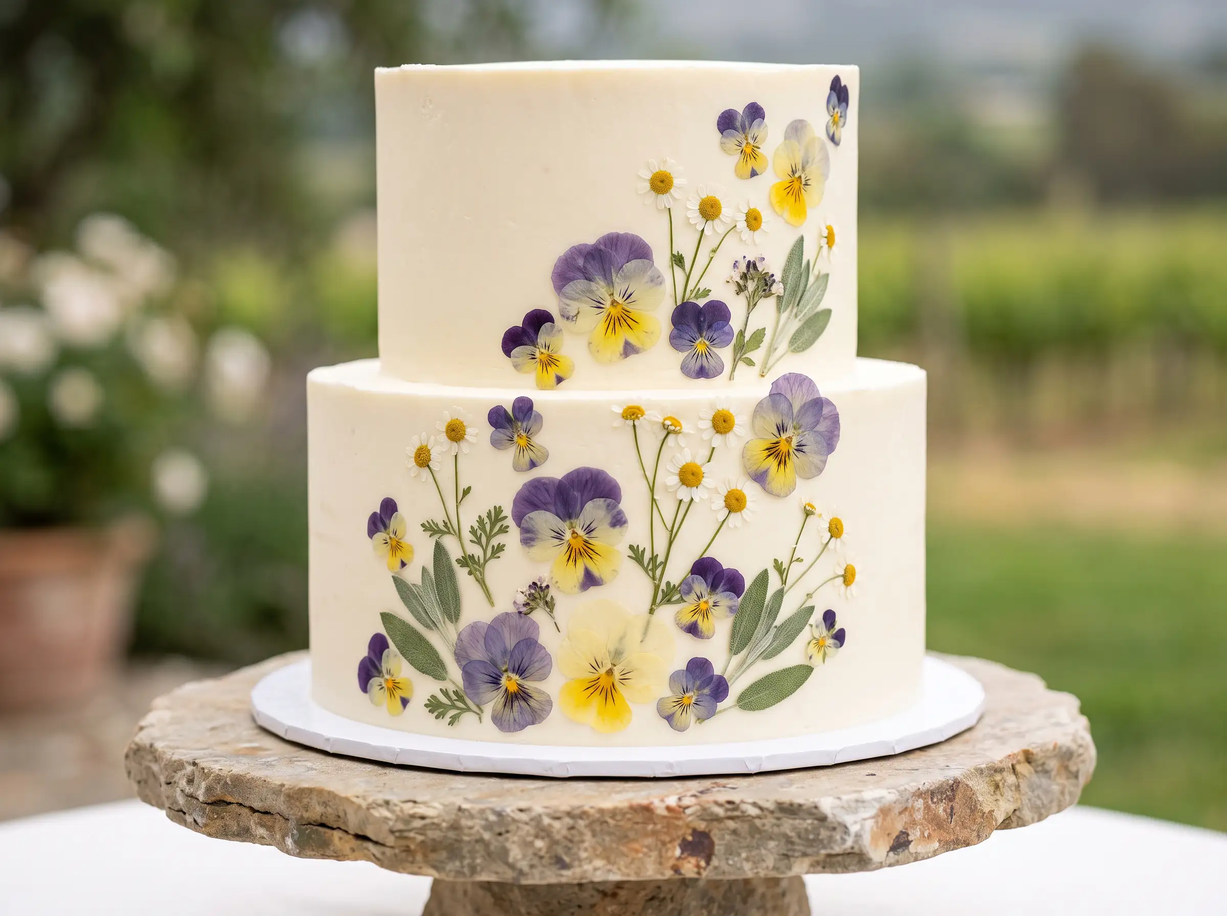 Charming two-tier wedding cake decorated with colorful pressed edible wildflowers on white fondant