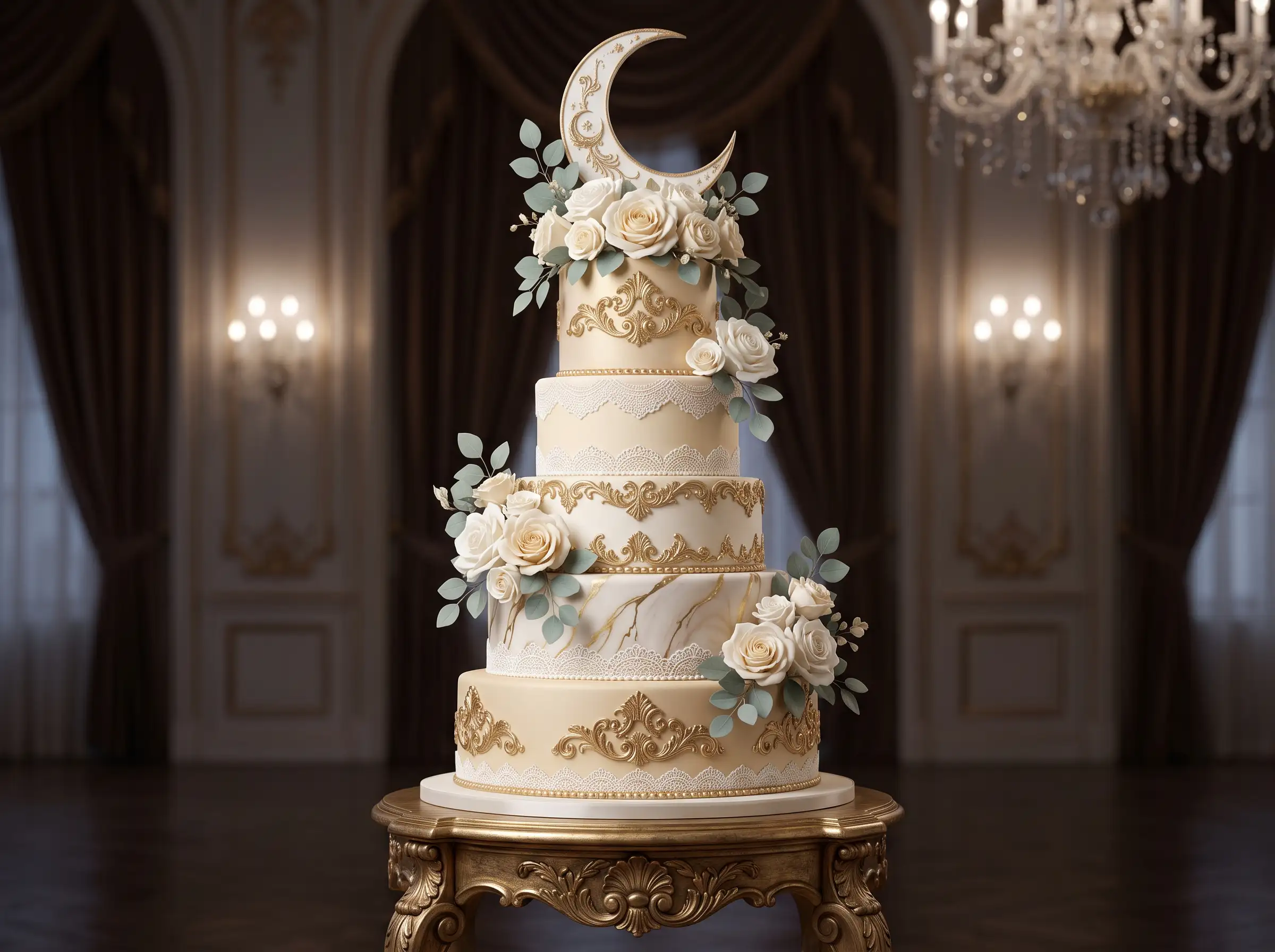 Grand five-tier wedding cake with crescent moon topper and regal metallic celestial accents