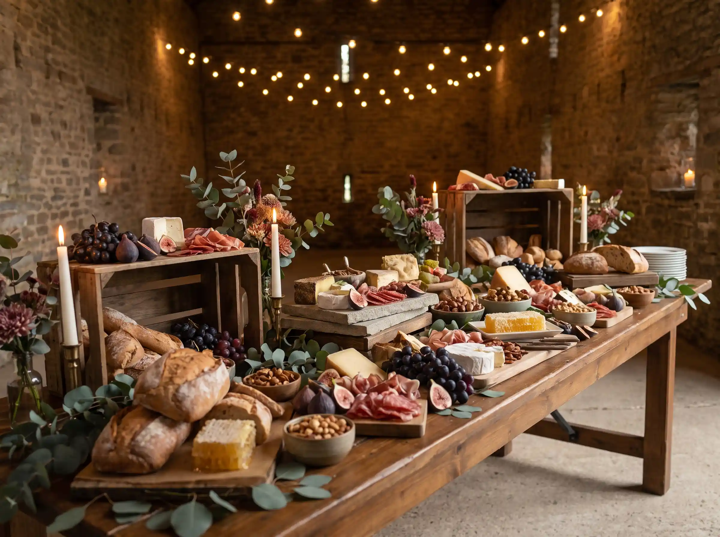 Rustic wedding charcuterie harvest table with artisan cheeses cured meats figs and string lights