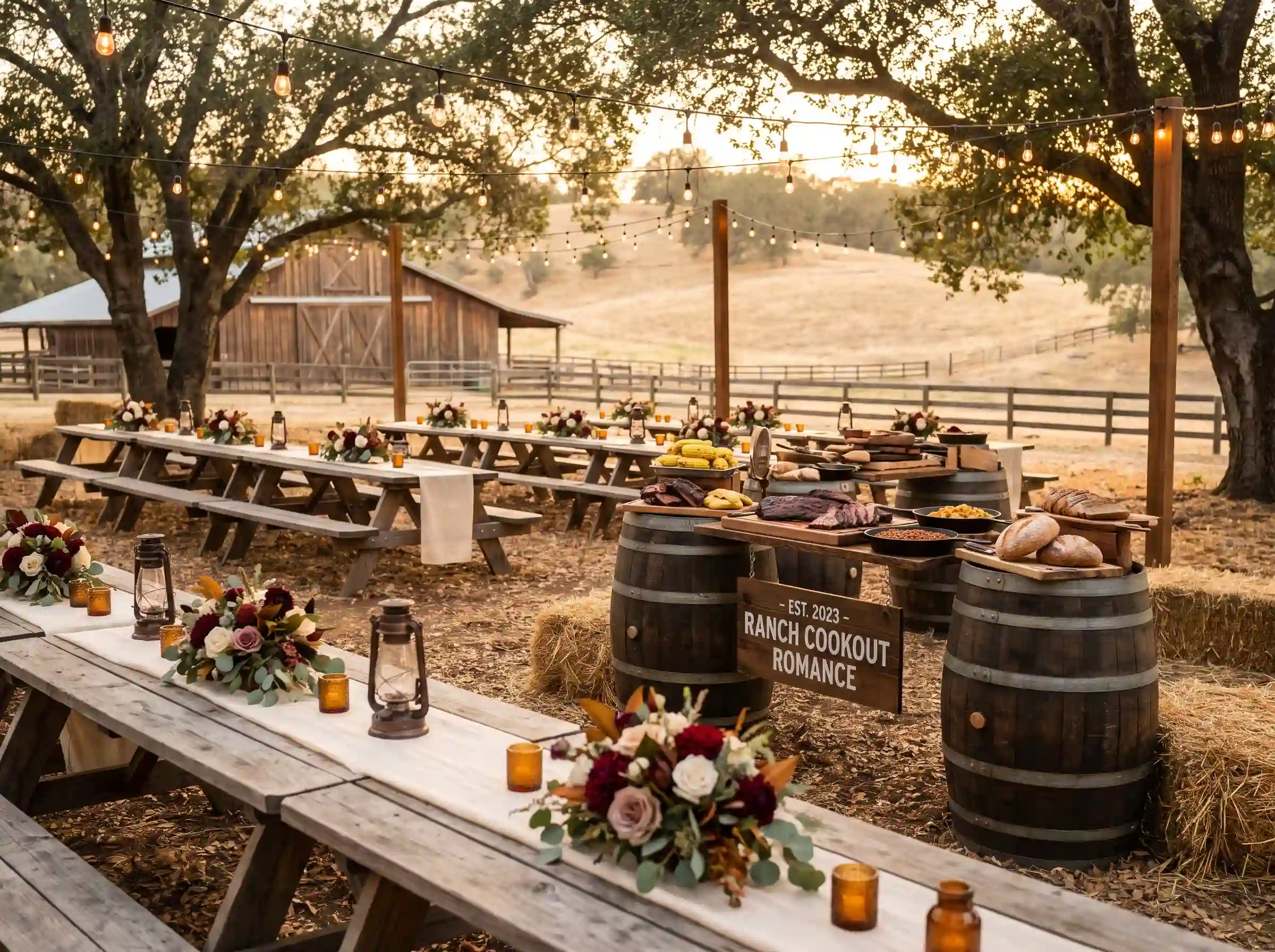 Romantic rustic ranch wedding cookout with smoked brisket and vintage lantern centerpieces
