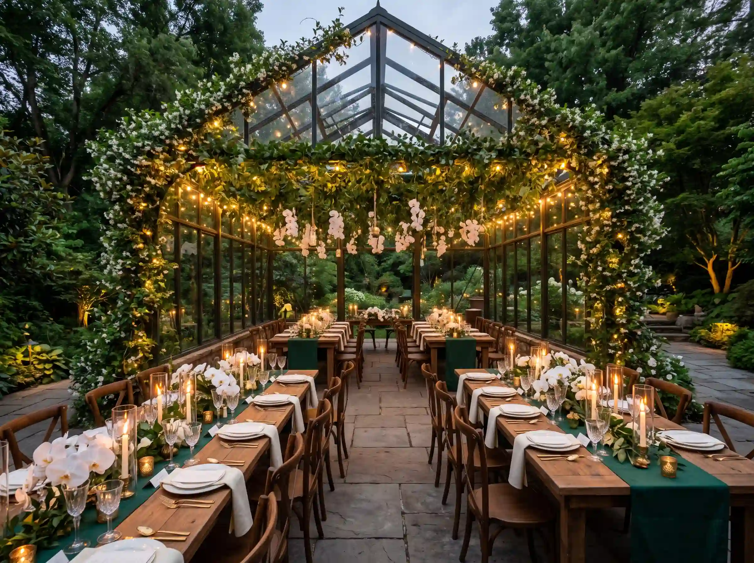 Secret garden greenhouse reception with climbing vines and warm interior lighting glowing through glass walls