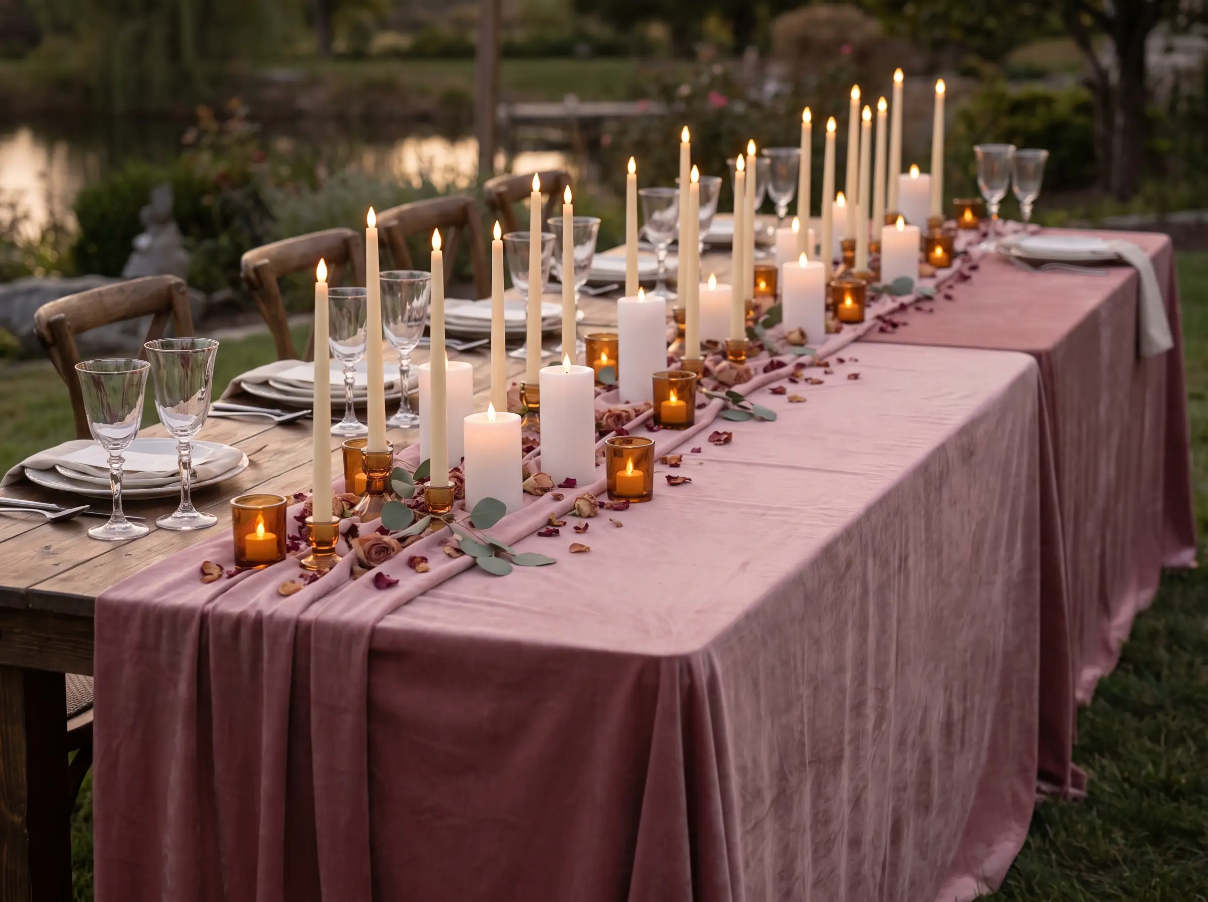 Outdoor reception table with dusty rose velvet cloth and winding snake of ivory taper and pillar candles