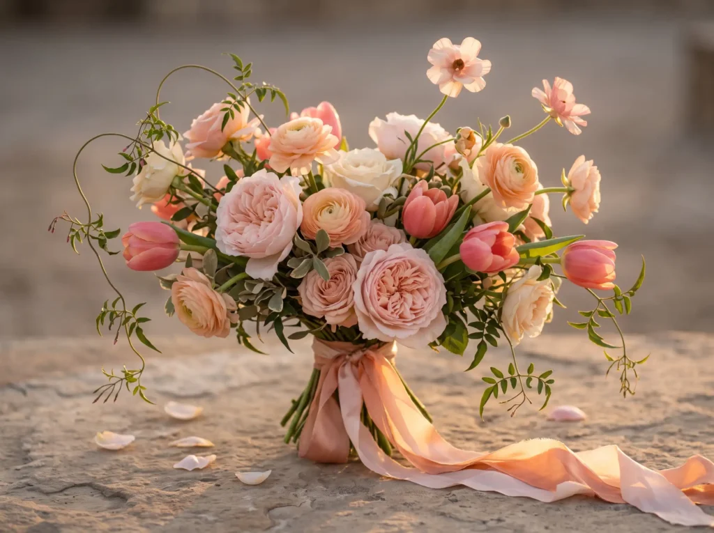 Sunset Blush Bloom Inspiration Warm evening skie Sunset blush peach floral bouquet