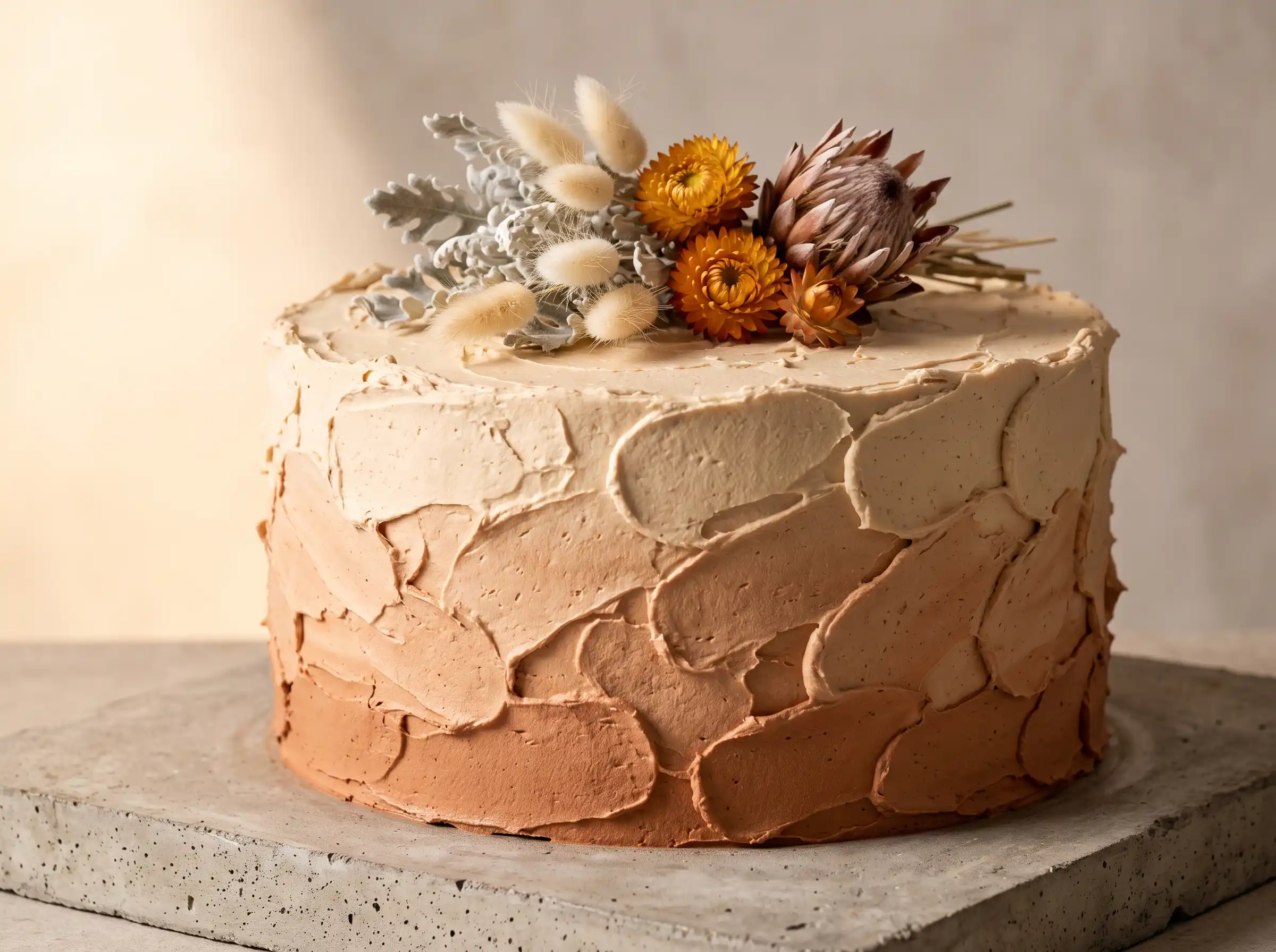 Short wide single tier stucco textured wedding cake with dried protea bunny tails and straw flowers