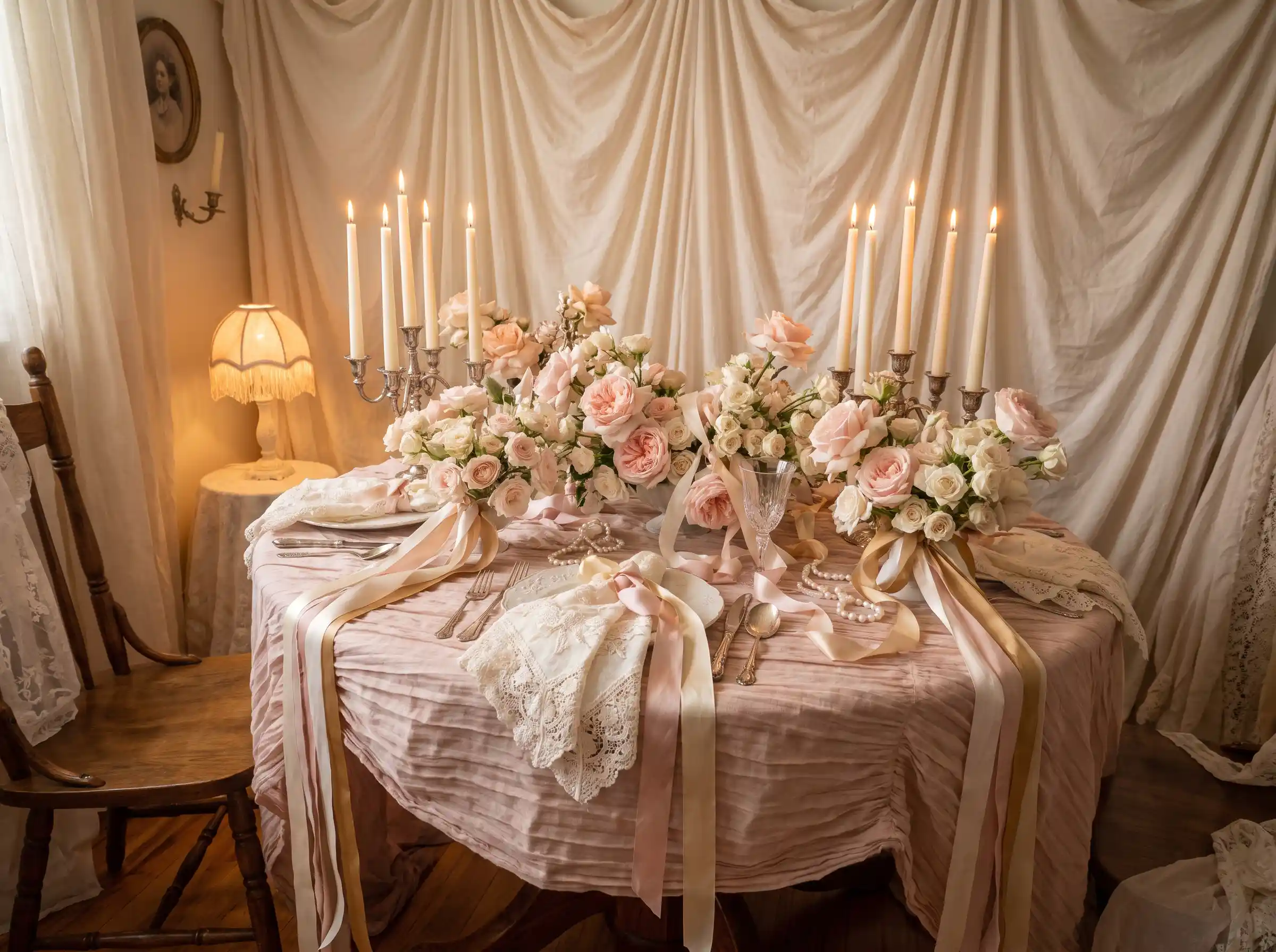 Charming undone coquette wedding table with messy bows trailing ribbons and soft pink florals