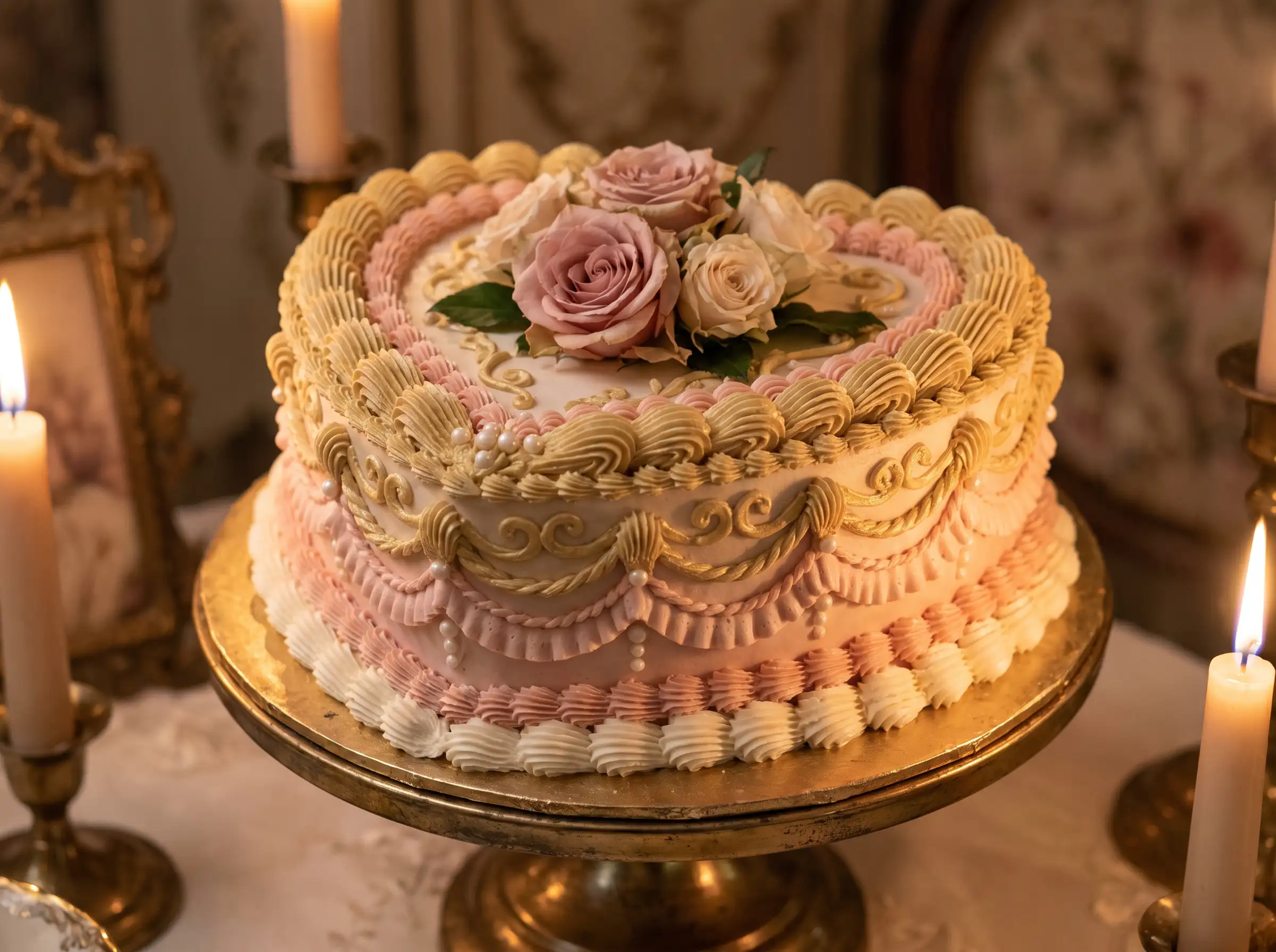 Heart-shaped Lambeth-style wedding cake with layered piping pearl clusters and blush-to-gold gradient