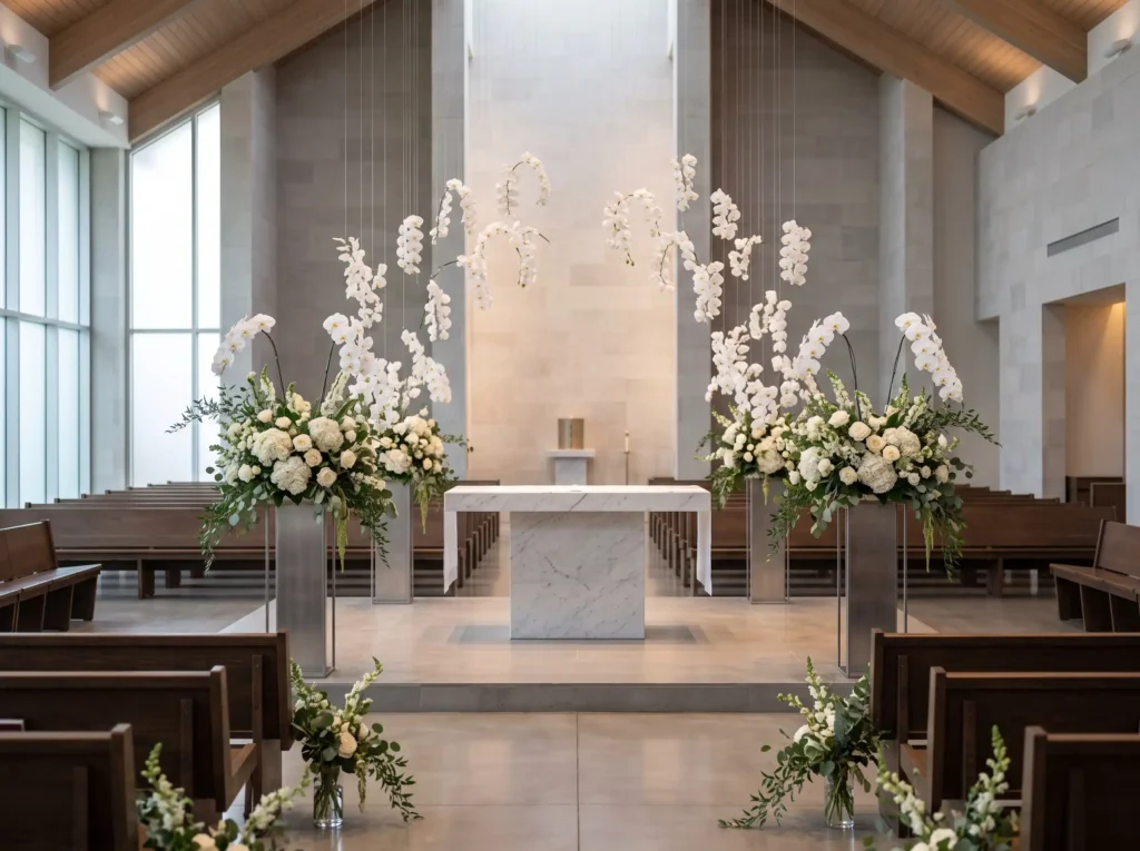 White Orchid Reverence Inspiration Minimal luxur White orchid altar church ceremony
