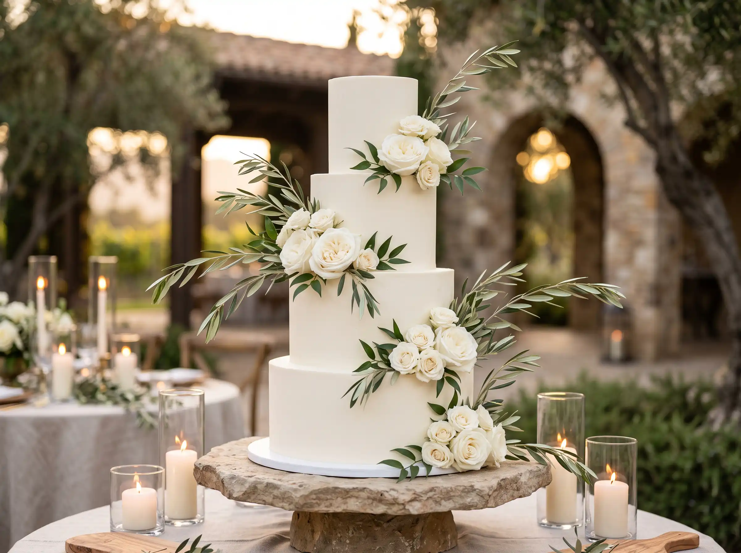 Classic white wedding cake adorned with ivory roses and fresh olive branches on each tier