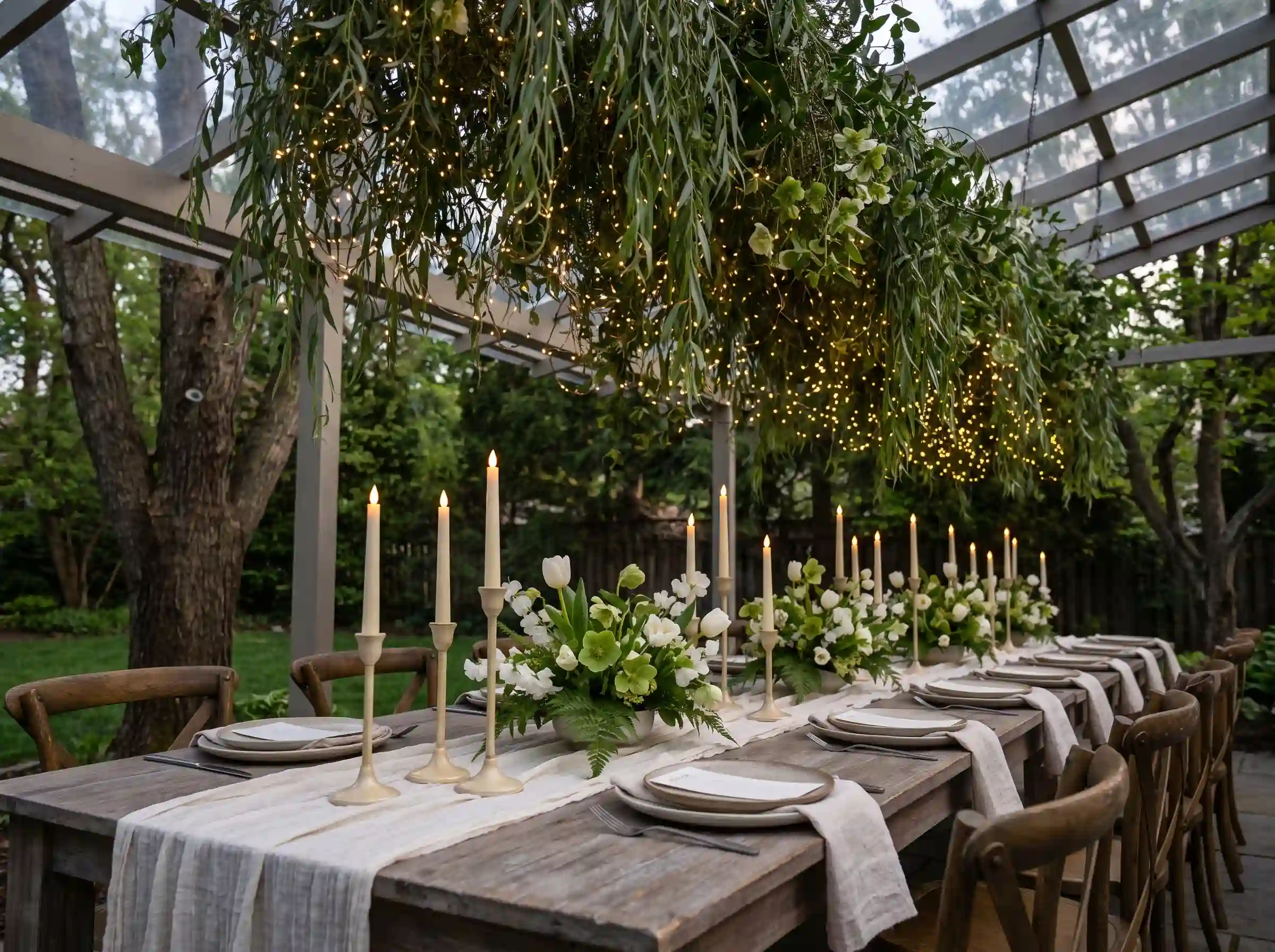 Enchanted willow canopy dinner reception with hanging greenery, warm pin lights, and ivory linens