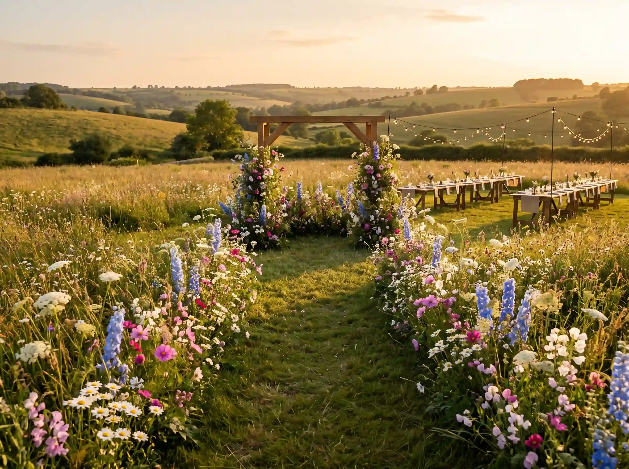 Wildflower meadow wedding ceremony with rustic wooden arch and colorful meadow flowers at sunset