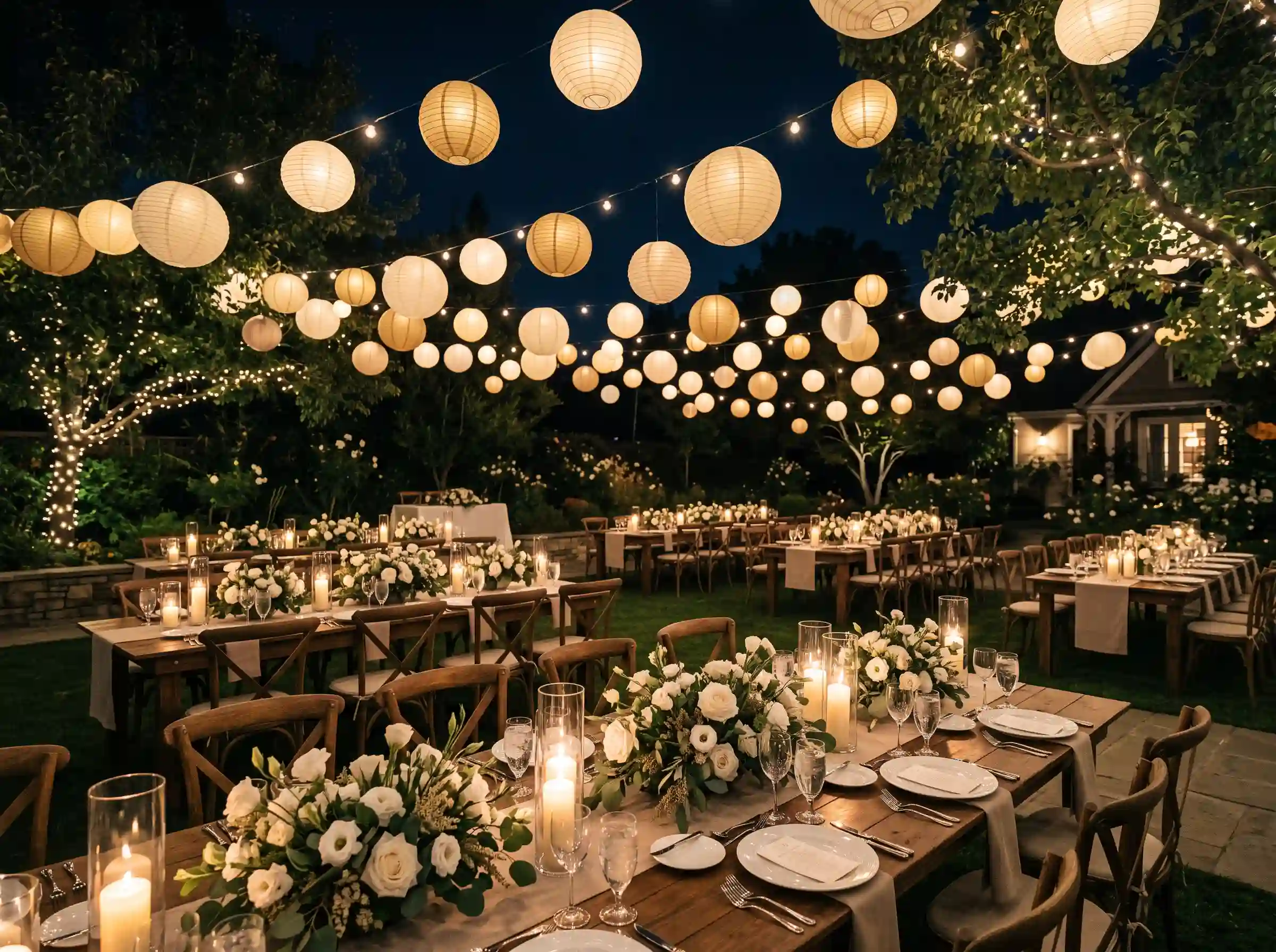 Floating lantern garden wedding at night with hundreds of glowing paper lanterns suspended above reception tables