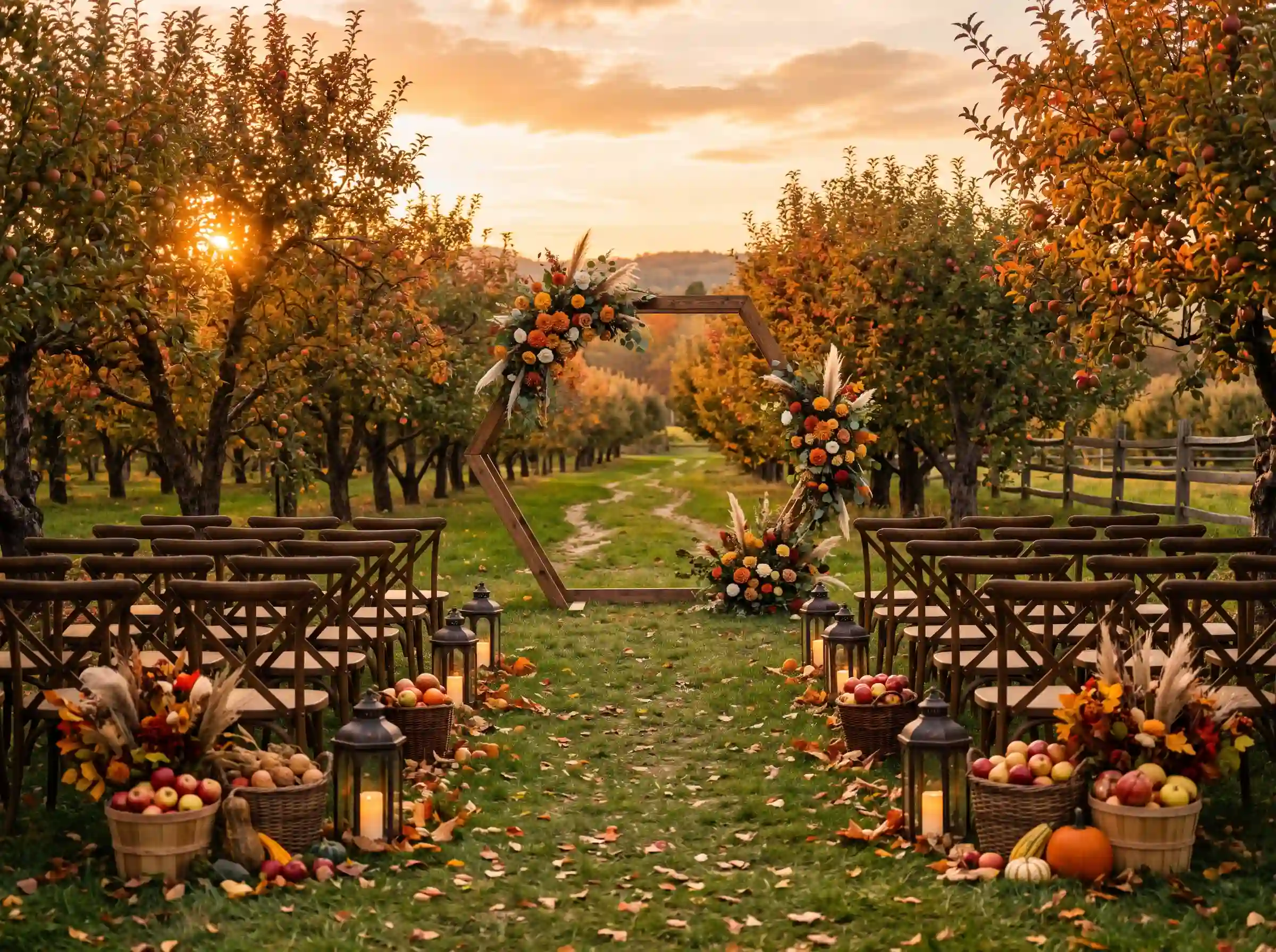 Fall orchard wedding ceremony with hexagonal arbor harvest baskets lanterns and golden sunset
