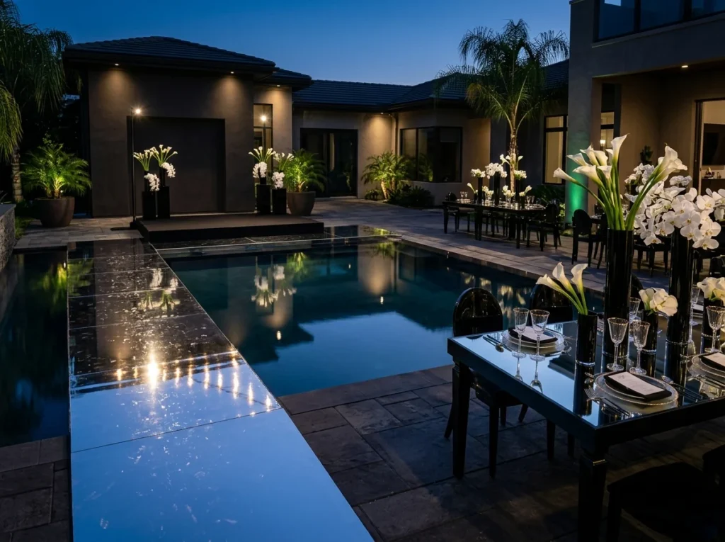 Black Tie Reflections Inspiration Modern luxury Luxury wedding pool reflections