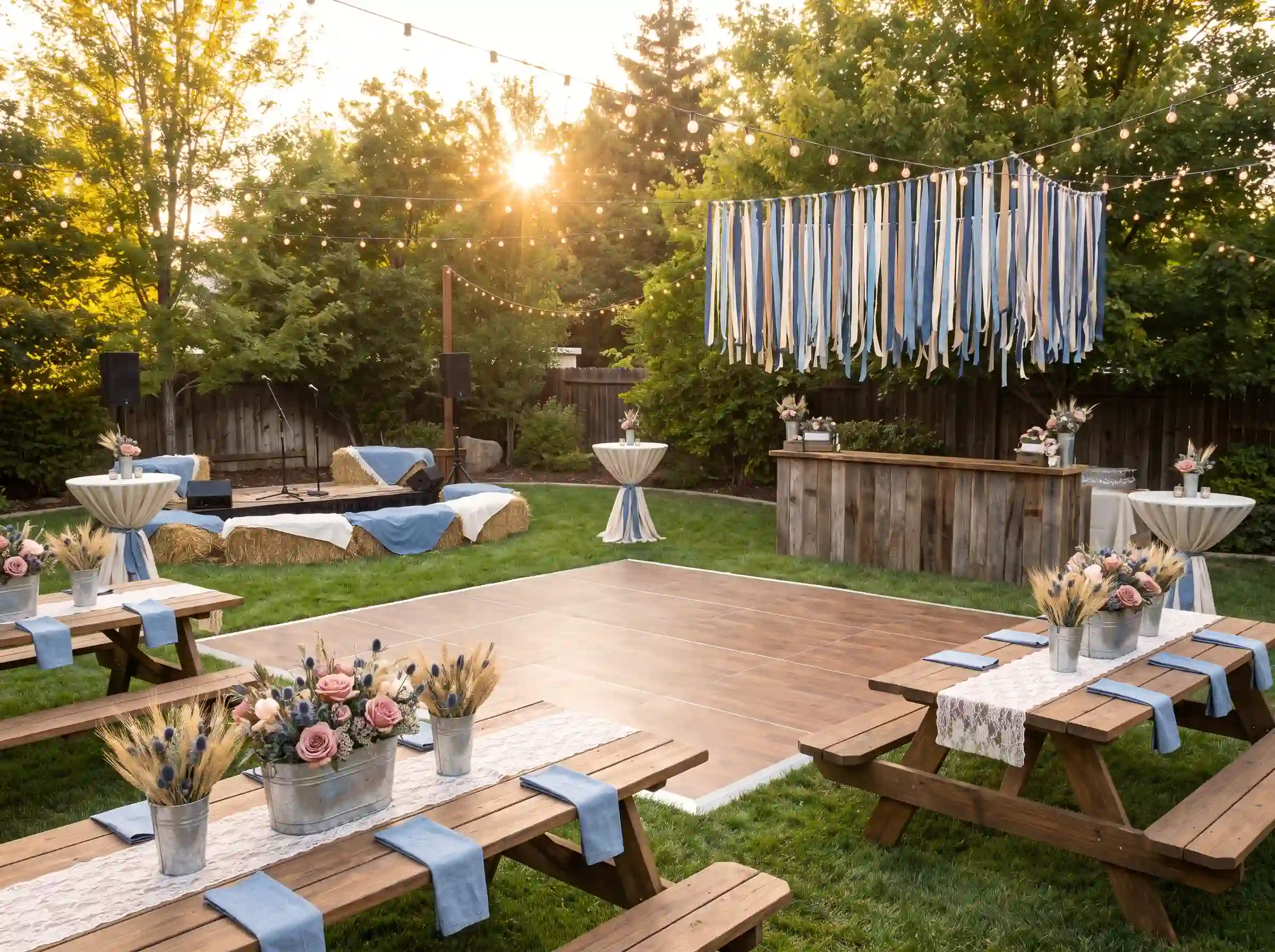 Playful rustic reception with denim accents, lace runners, hay bale seating, and bluegrass music corner