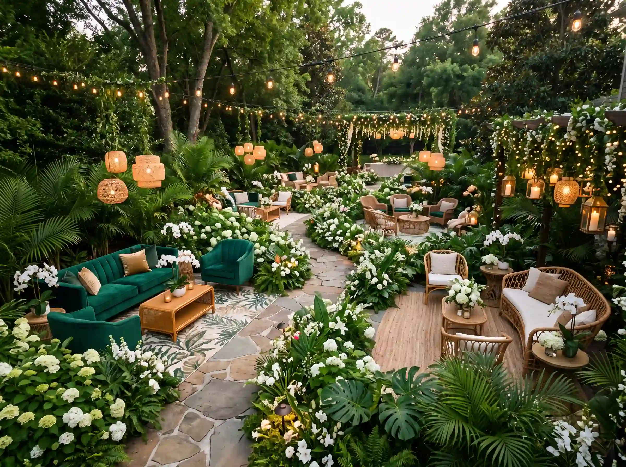 Botanical lounge garden party reception with lush tropical plants and luxurious velvet seating arrangements