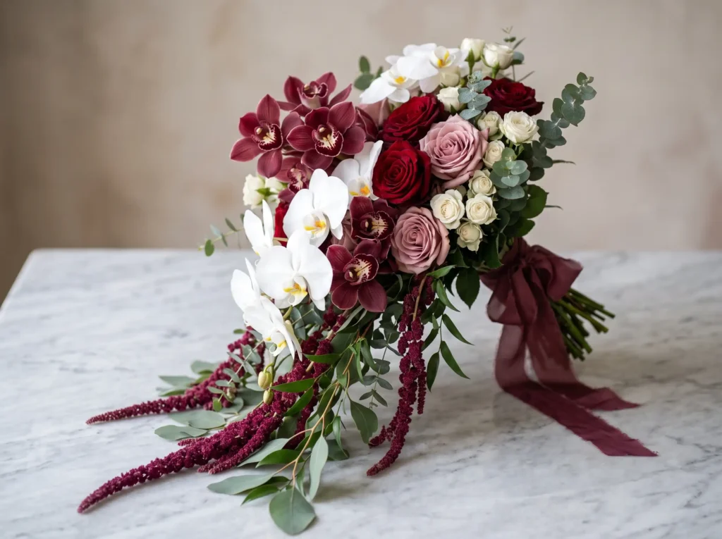 Burgundy Orchid Cascade Inspiration A luxurious Burgundy orchid cascade bouquet K
