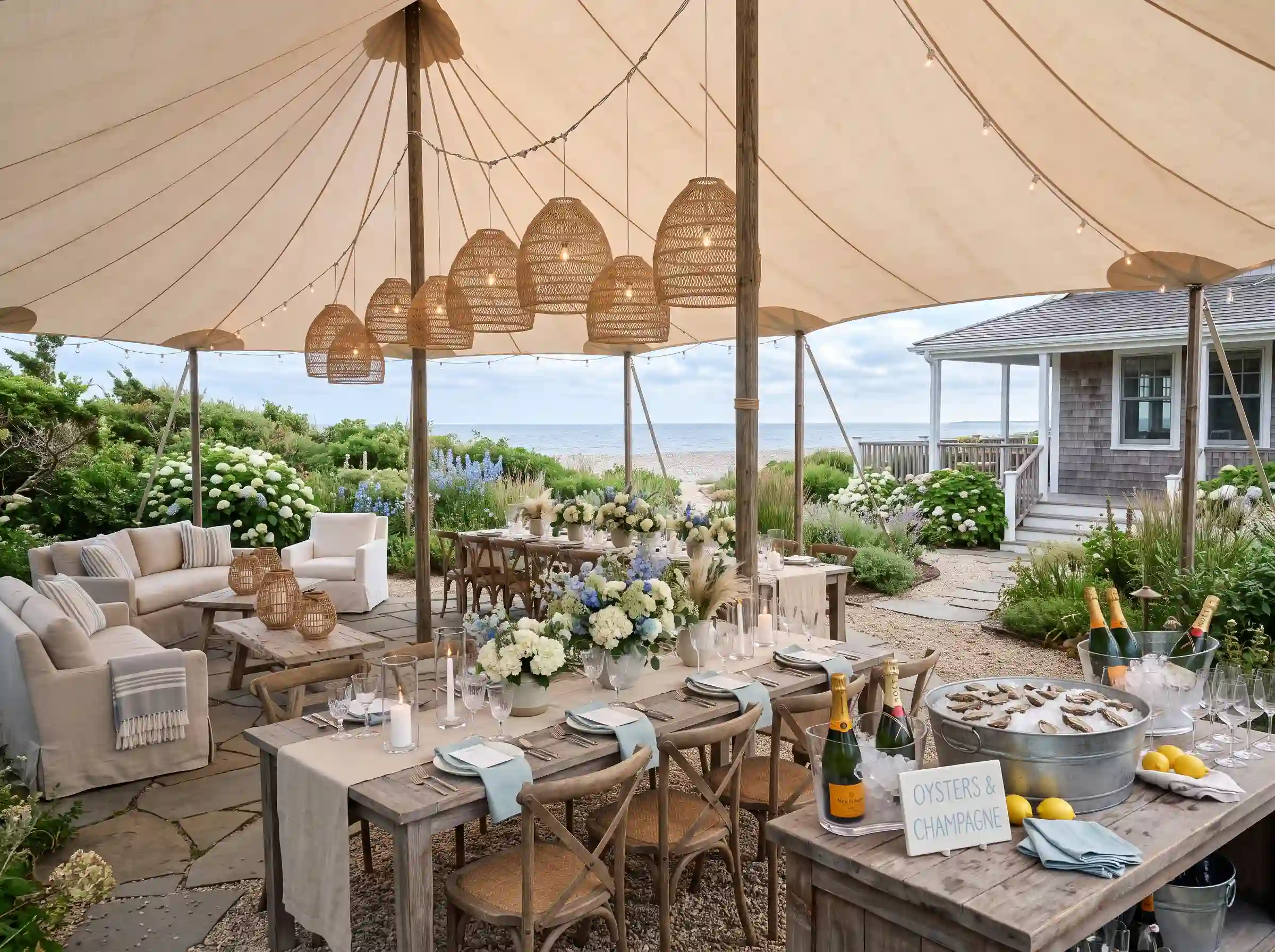 Coastal grandmother garden dinner reception with weathered wood tables slipcovered furniture and blue hydrangeas