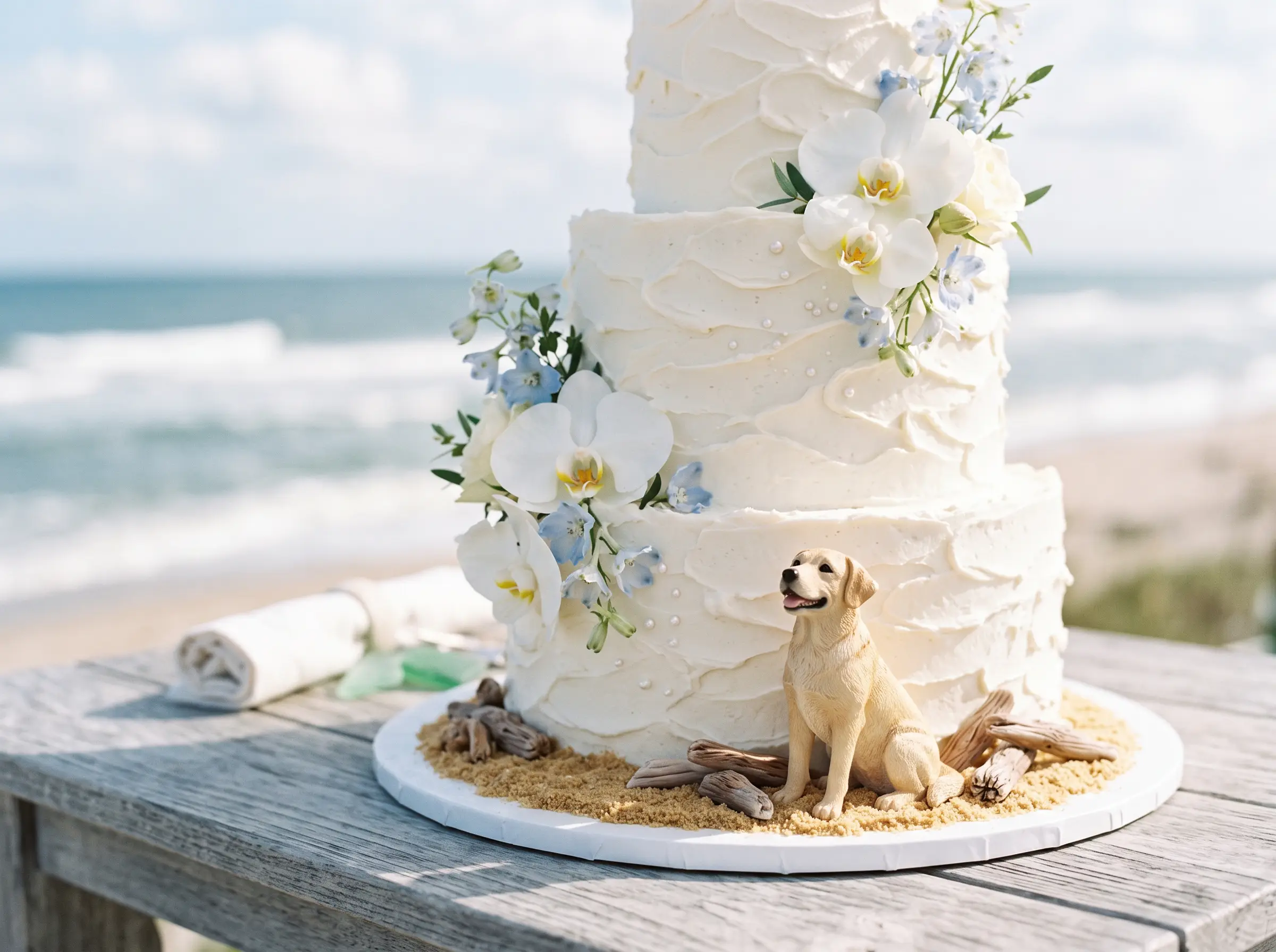 Seaside inspired wedding cake with Labrador figurine topper and coastal color accents