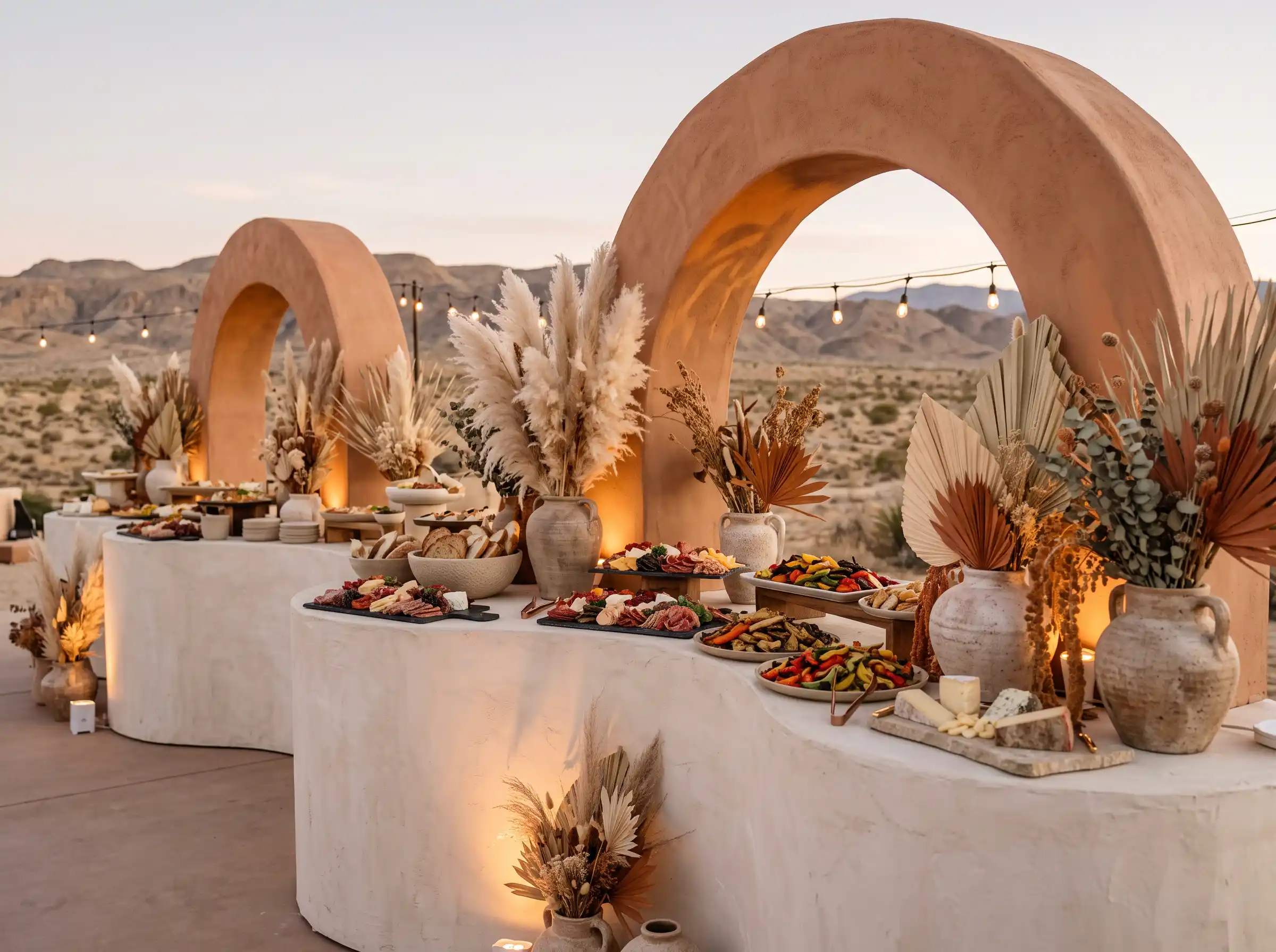 Desert luxe wedding food display with terracotta arches, pampas grass, and grazing charcuterie boards at golden-hour dusk