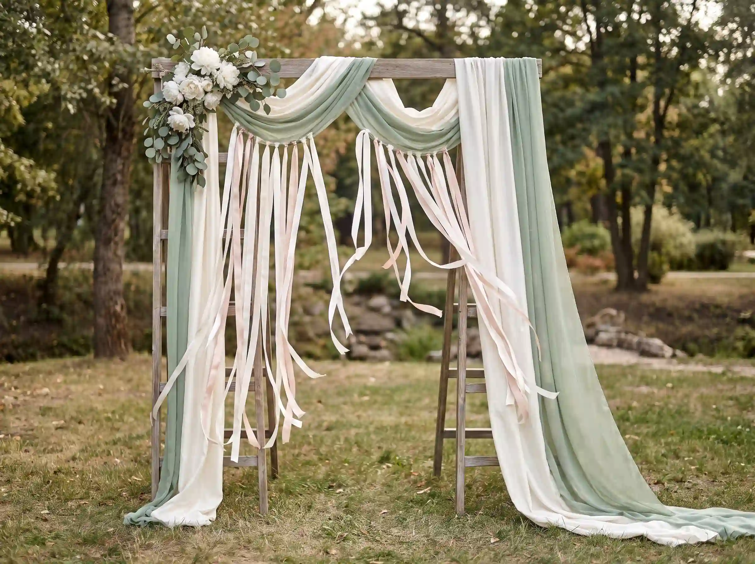 Wooden ladder arch draped with ivory raw silk and sage chiffon with trailing ribbons and peony accent