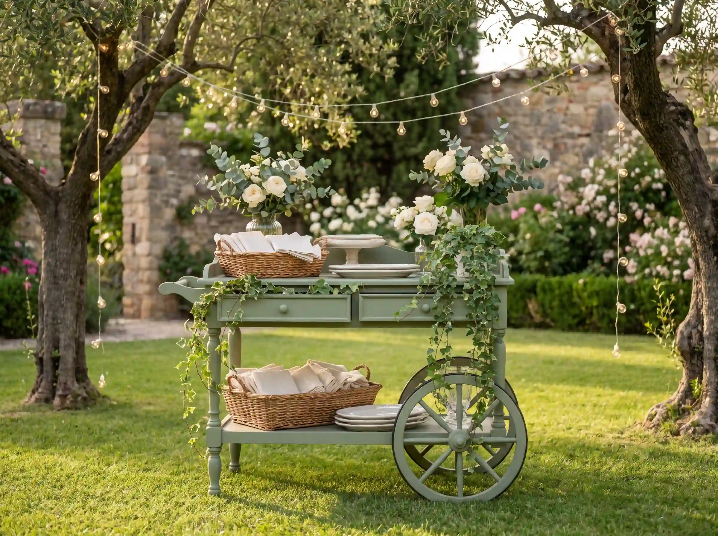 Vintage sage green garden cart filled with seasonal salads and roses for wedding reception